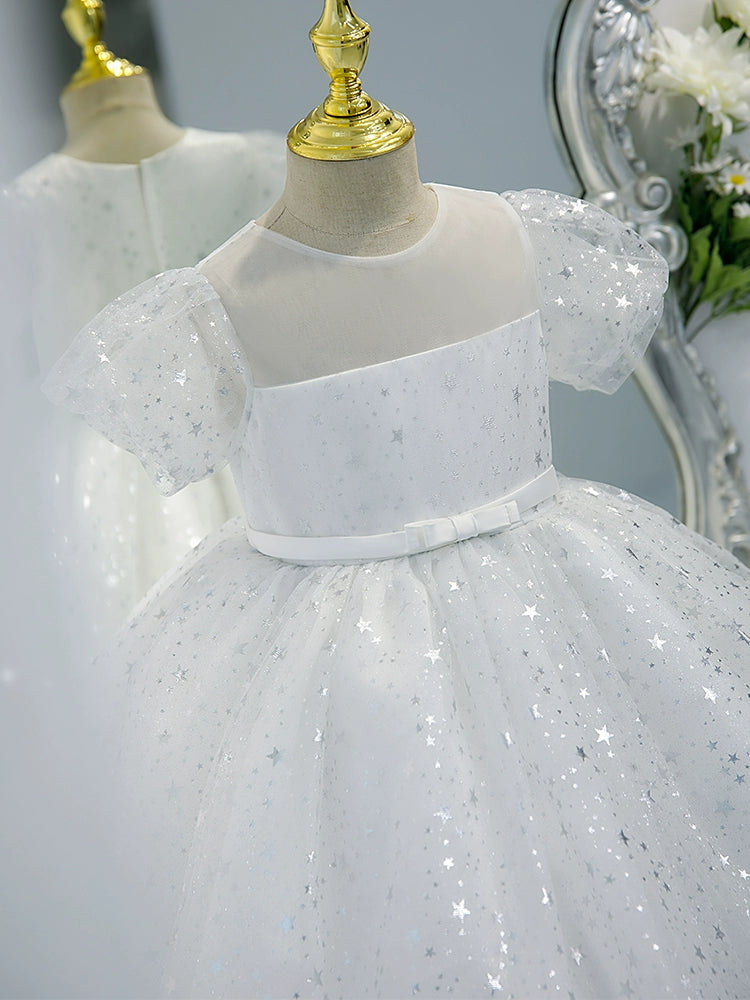 White Princess Round Tea Length Organza Flower Girl Dress - Perfect for Weddings, Bridal Showers & Special Occasions
