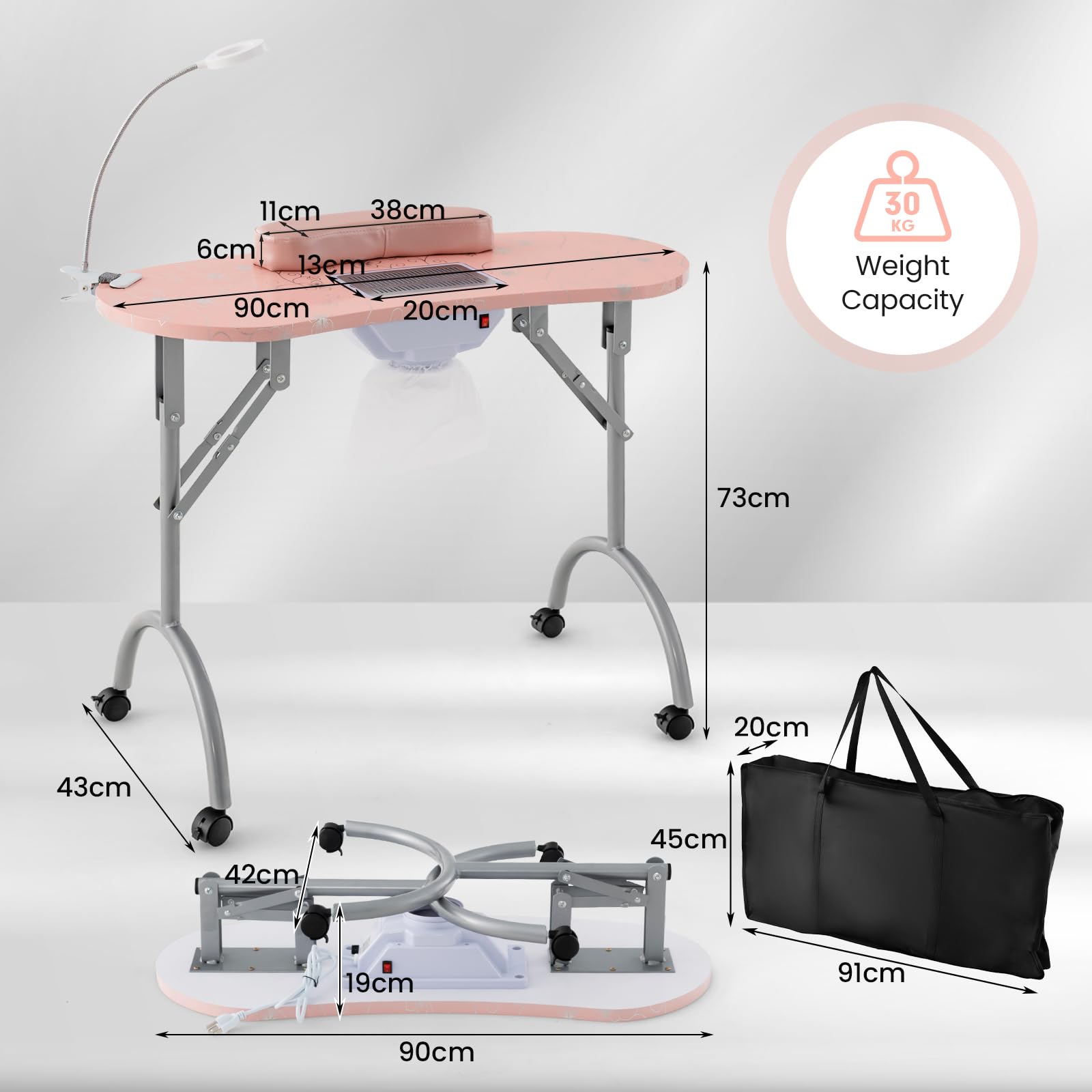 35-inch Foldable Portable Nail Salon Table with Electric Dust Collector & Adjustable LED Lamp - Professional Manicure Station for Nail Technicians with 4 Lockable Wheels & Carry Bag - Perfect for Home Salons, Mobile Services & Beauty Studios
