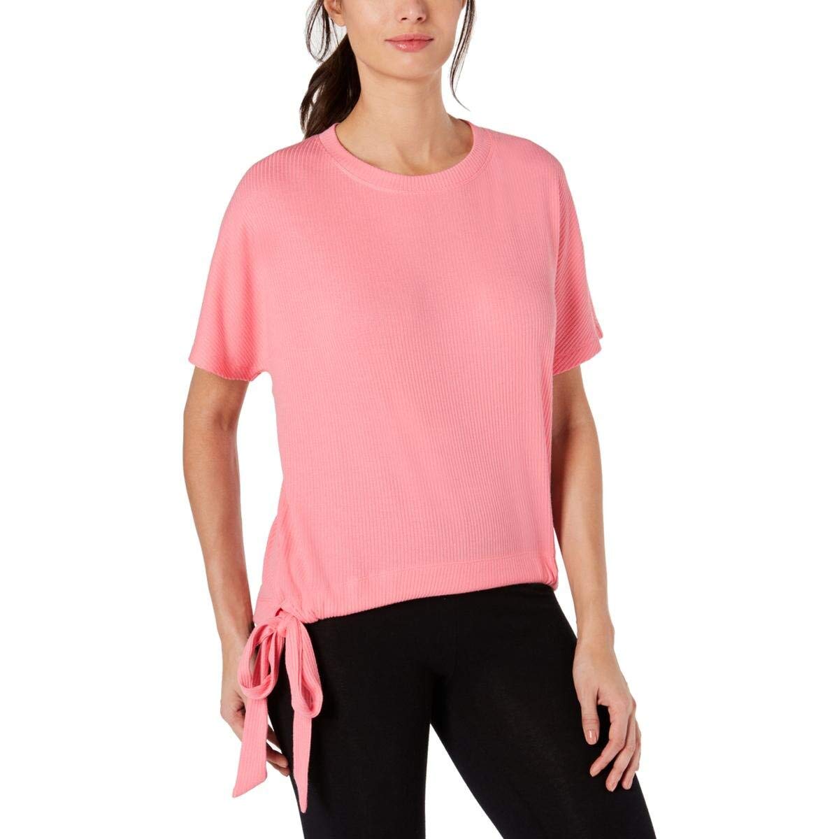 Ideology Women's Tie Hem Ribbed Shirt Top - Watermelon Pop, Size S - Casual & Office Wear, Summer T-Shirt for Women, Perfect for Work, Date & Everyday Outfits