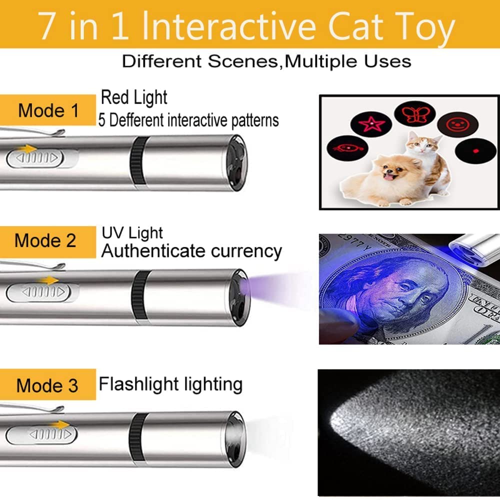 7-in-1 Interactive Cat Toys with 3 LED Light Modes, Fun Kitten Chaser Toy for Indoor Cats, Exercise & Training Tool, Silver Iron Box Packaging - Perfect for Playtime & Bonding