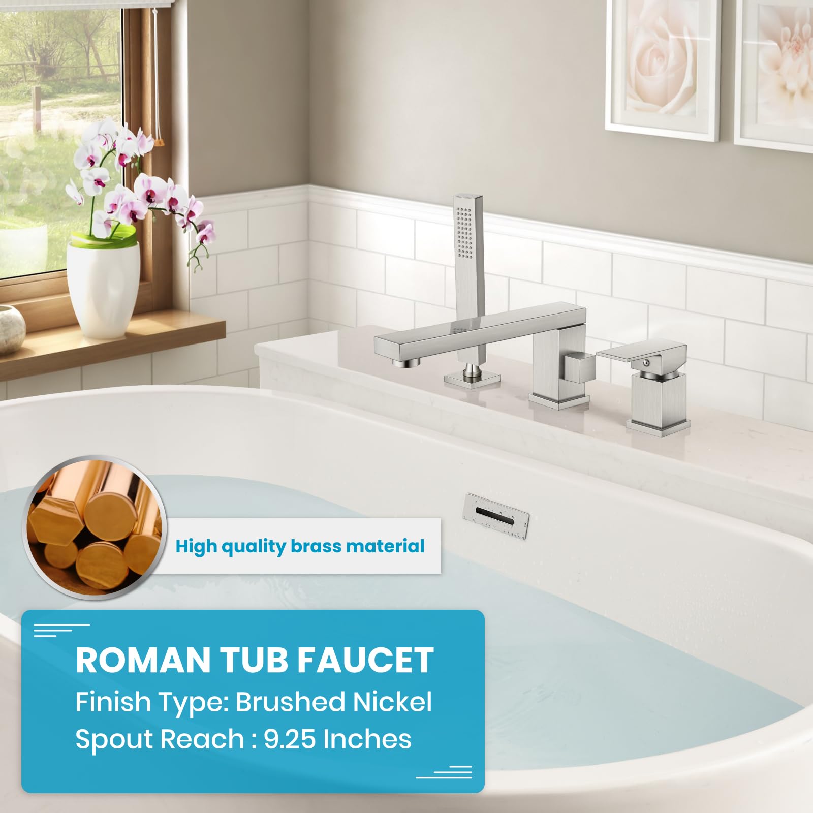 Gotonovo 3 Hole Deck Mount Roman Tub Faucet with Handheld Shower - Widespread Single Handle Bathtub Filler Set, Honeycomb Water Flow in Brushed Nickel - Perfect for Luxury Bathrooms & Spa Retreats