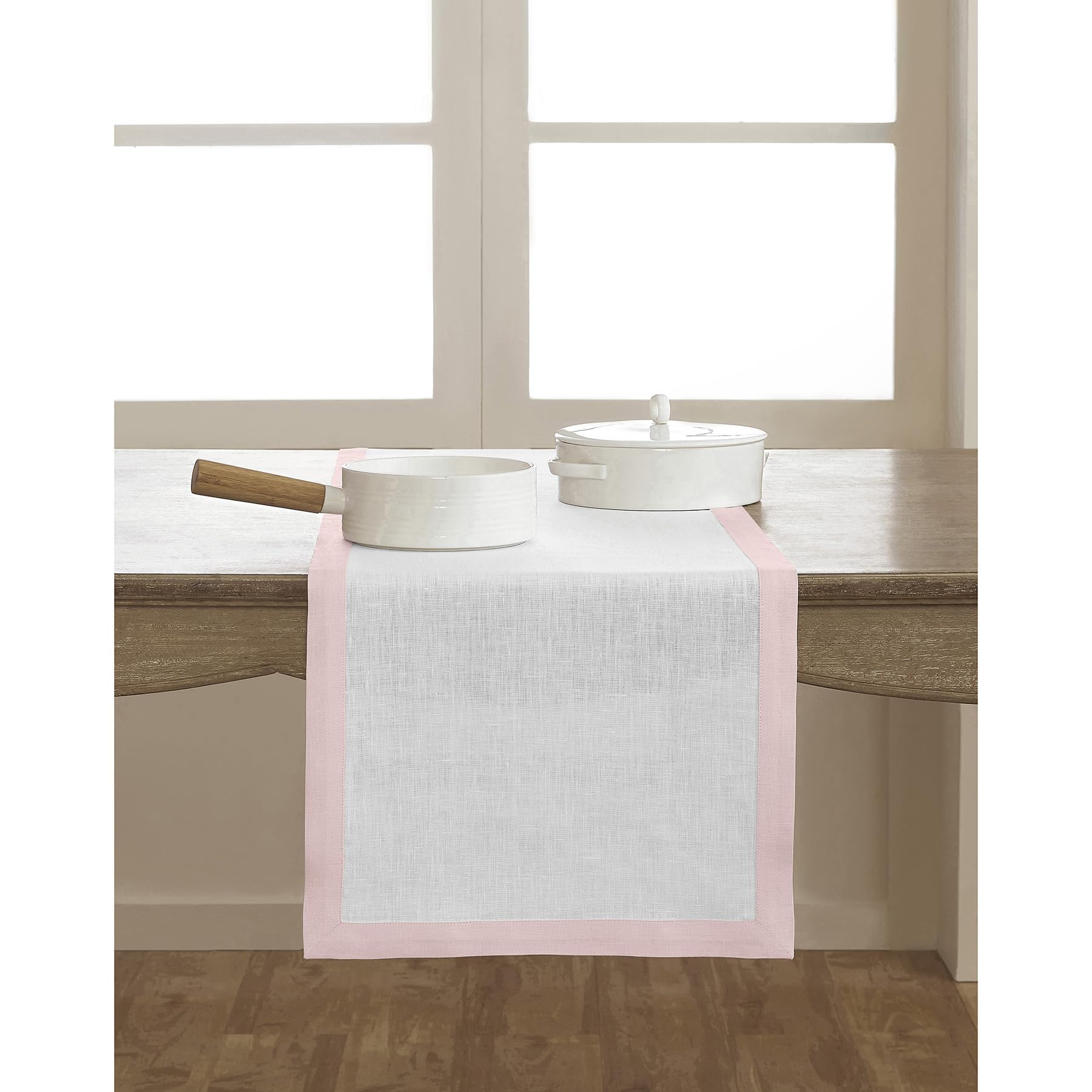 Solino Home 100% Pure Linen Table Runner 36 Inch - Blush Pink & White, 14x36 Inch Classic Easter Table Runner for Dining Table, Dresser, Coffee Table - Perfect for Spring Decor, Holiday Parties & Home Styling