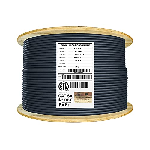 Premium Cat6A Shielded Riser (CMR) Ethernet Cable - 1000ft Bulk Reel, 23AWG FTP Solid Bare Copper, 650MHz, 10Gbps Speed, UL Listed & LP Certified, High Performance PoE - Ideal for Office Networks, Data Centers & Smart Home Installations