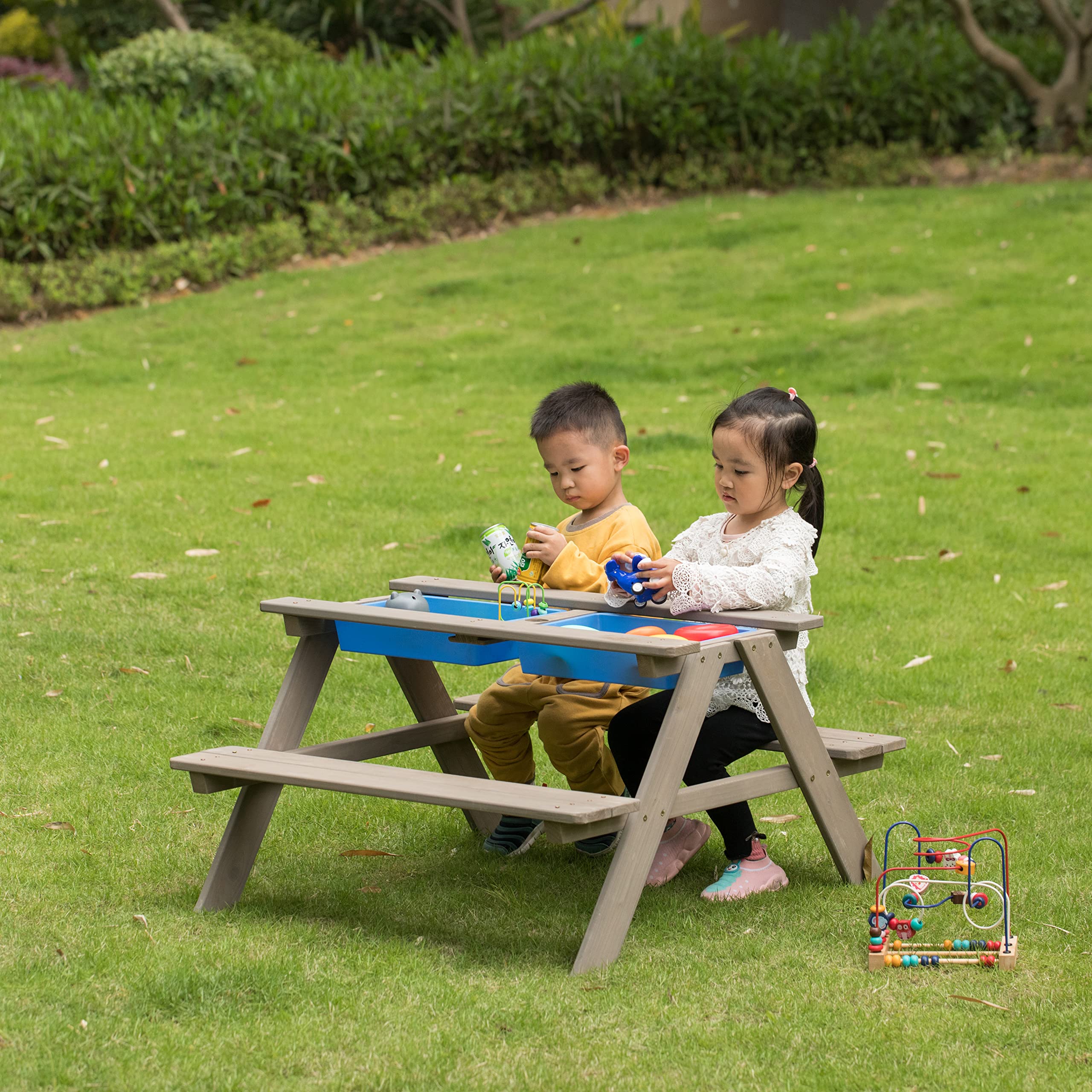 Gardenised Kids Picnic Play Table with Sandbox & Umbrella Hole - 2 Removable Play Boxes, Gray (QI004476) - Perfect for Outdoor Play, Backyard Fun & Toddler Activities