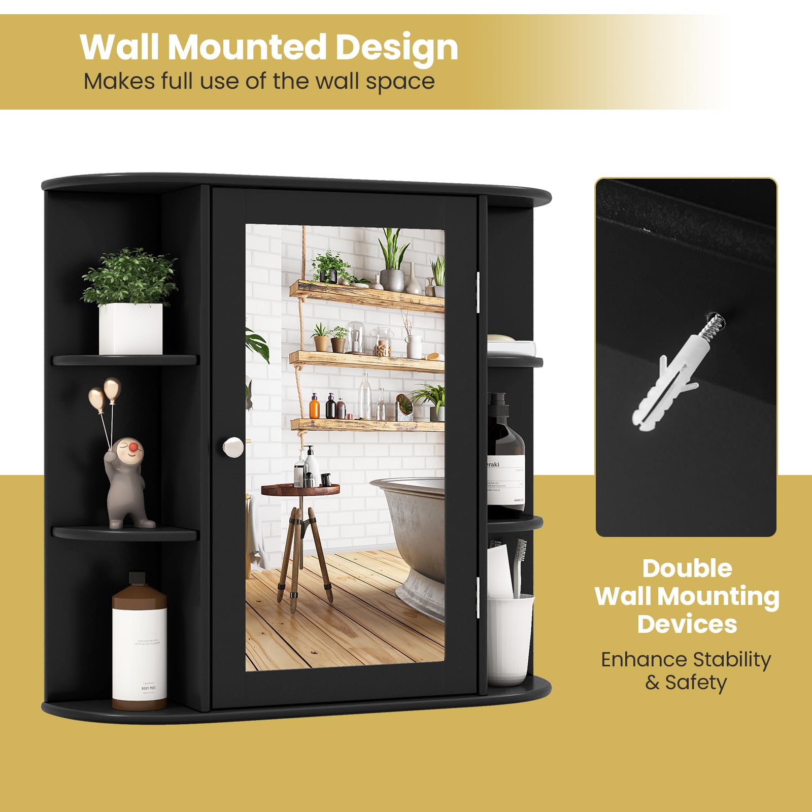Tangkula Black Wall Mounted Bathroom Medicine Cabinet with Mirror - Adjustable Shelves, 6 Open Storage & Door - Space Saving Bathroom Organizer for Toiletries, Cosmetics & Essentials | Perfect for Small Bathrooms, Vanities & Home Decor