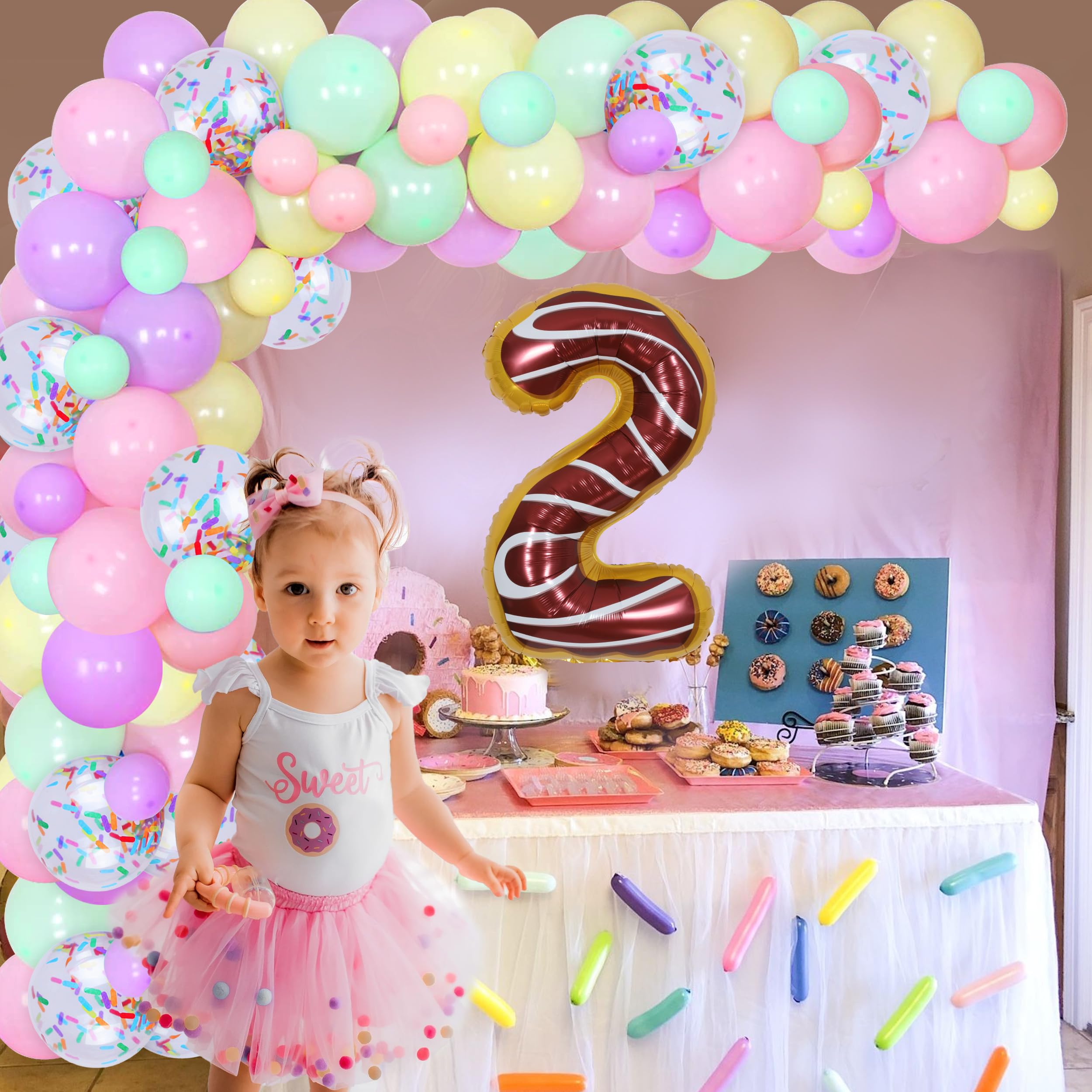 Donut Themed 2nd Birthday Party Decorations for Girls - Sweet Macaron Balloon Garland Kit with 5x3ft Backdrop & Number 2 Foil Balloon | Perfect for Baby Girl's Birthday, First Birthday, Donut Party & Photo Booth Decor