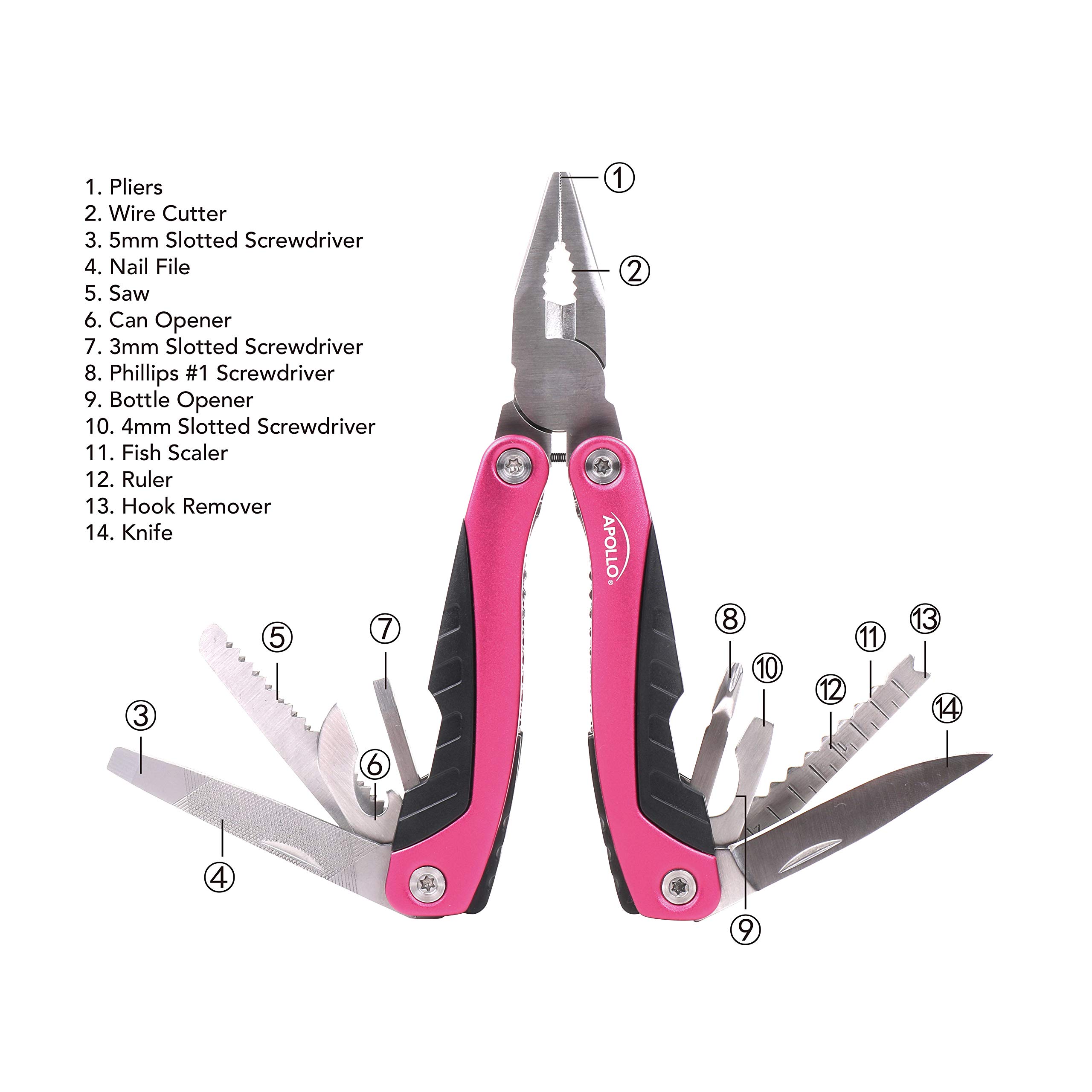 Apollo Tools 14-in-1 Steel Pocket Multitool Pliers with Pink Ribbon - Compact Multi-Function Tool for Everyday Repairs, Survival, Camping, Fishing & Outdoor Activities - Perfect Gift for DIY Enthusiasts (Model DT5015P)