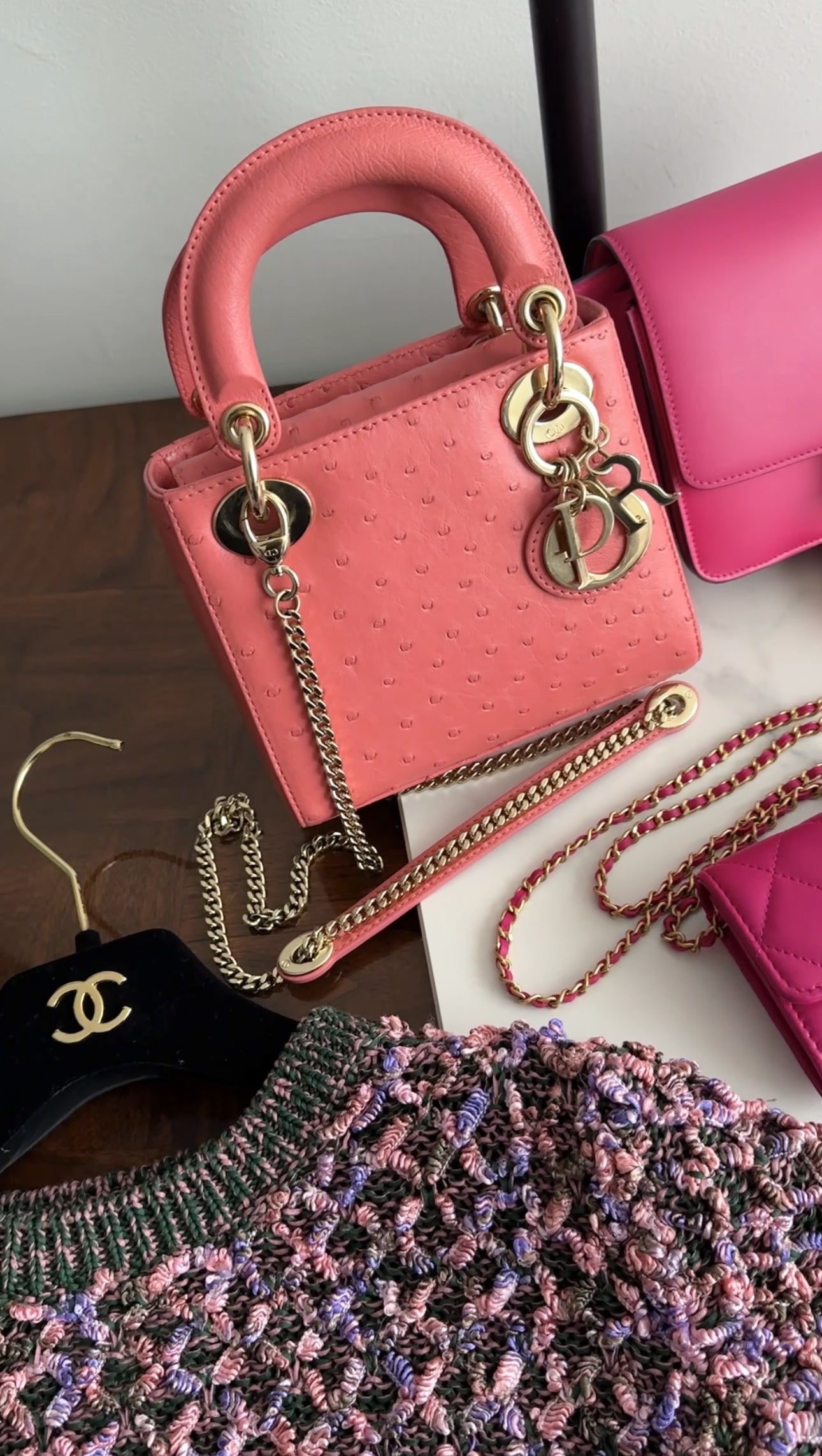 Christian Dior Lady Dior Mini Bag in Pink Ostrich Leather - Luxury Crossbody Purse for Women, Perfect for Evening Parties & Special Occasions