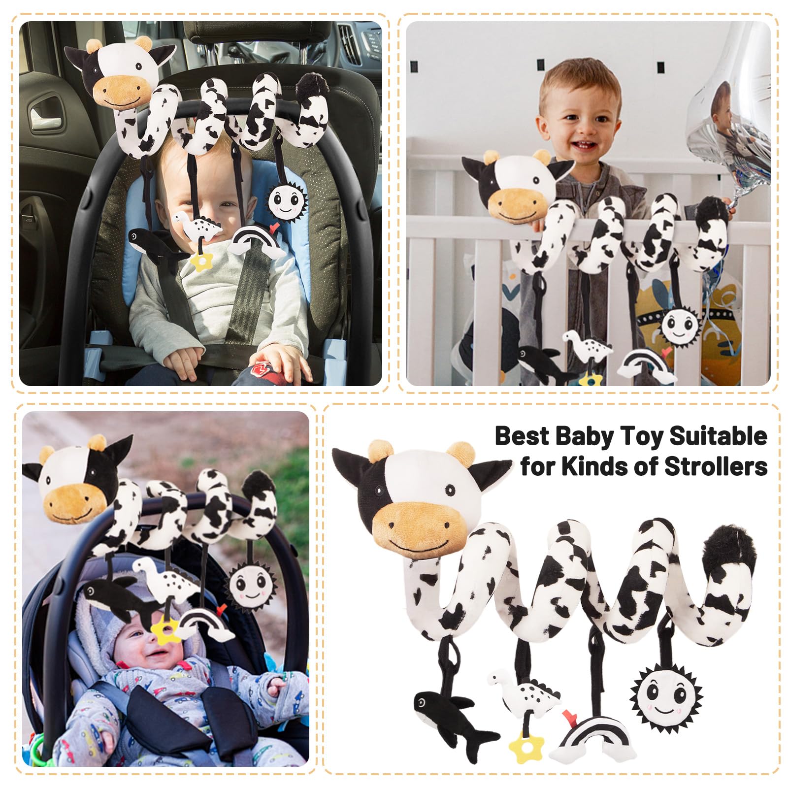 Soft Spiral Car Seat Toys for Babies 0-6 Months - Cute Cow Stroller Activity Toy with Rattles, Sun Mirror & Rainbow Cloud - Perfect Infant Car Seat Hanging Toy for Newborn Gifts | Great for Strollers, Car Rides & Playtime