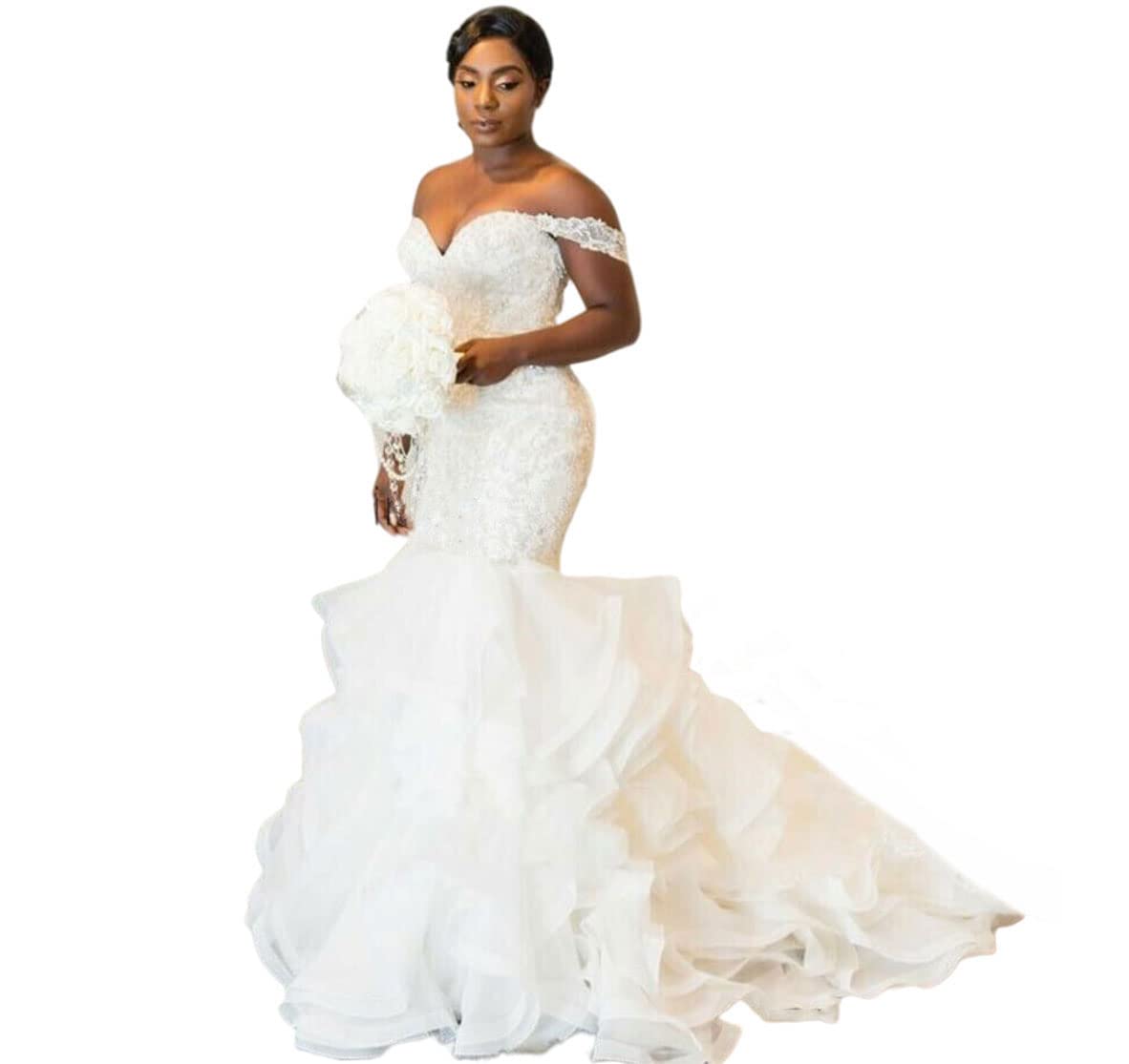 XYAYE Elegant Ruffle Organza Crystal Mermaid Wedding Dress for Bride - Lace Tassel Off Shoulder Bridal Gown - Perfect for Beach Weddings, Vow Renewals & Formal Evening Events