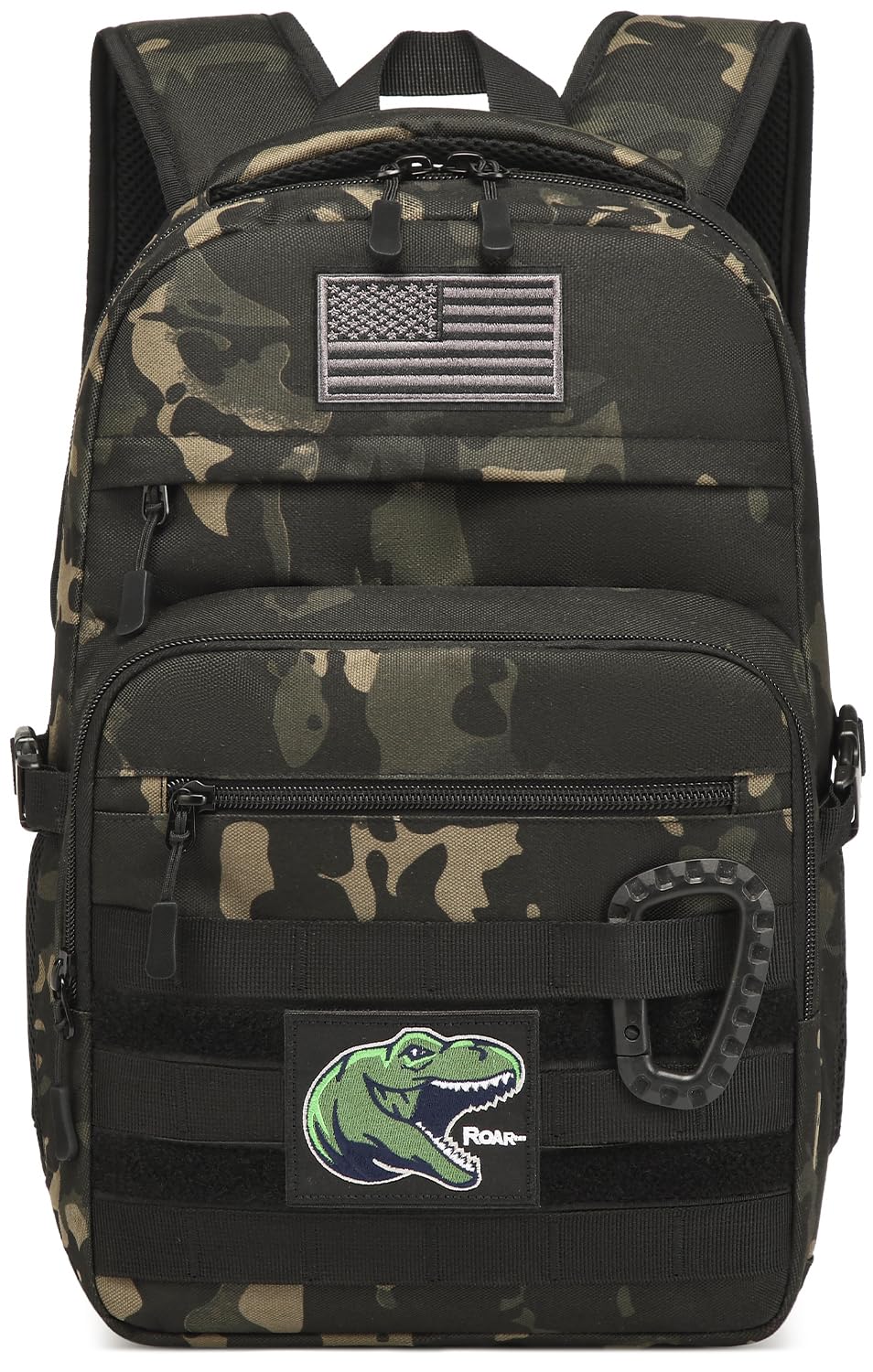 Kids Tactical Backpack - Army Molle Military School Bookbag for Boys - Waterproof Outdoor Camping Backpack with 2 Patches & Carabiner - Black Camo - Perfect for School, Hiking, Travel & Adventure Activities