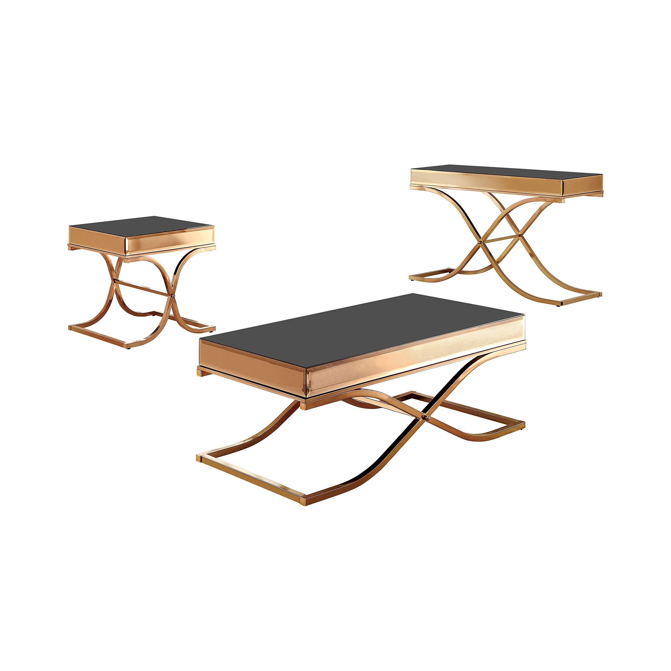 Rosalia Contemporary Mirror Top 3-Piece Coffee Table Set in Brass - Modern Living Room Furniture for Home Decor & Entertaining