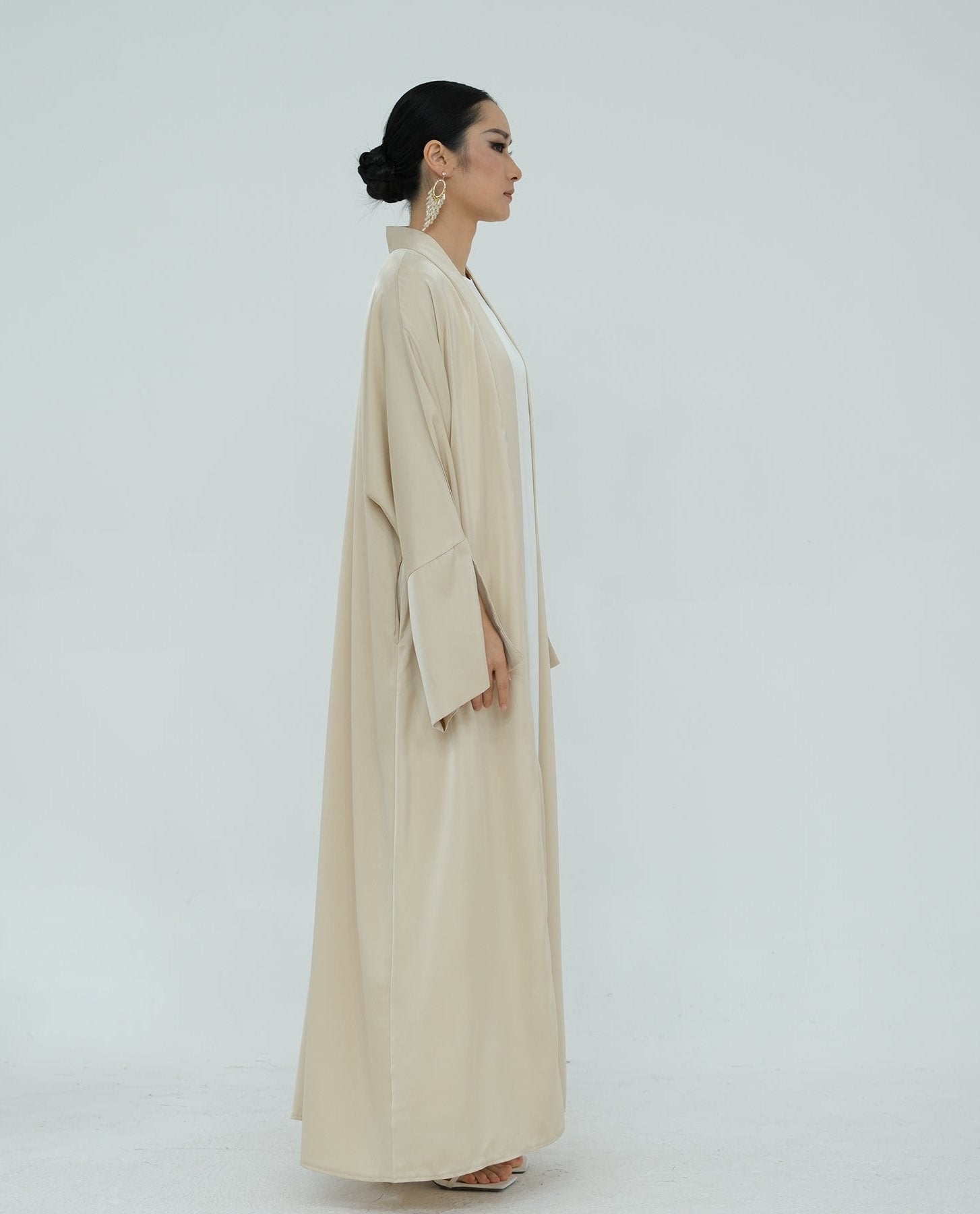 Lavinia Satin Open Abaya Beige - Elegant Muslim Prayer Dress for Women, Perfect for Mosque, Eid & Special Occasions
