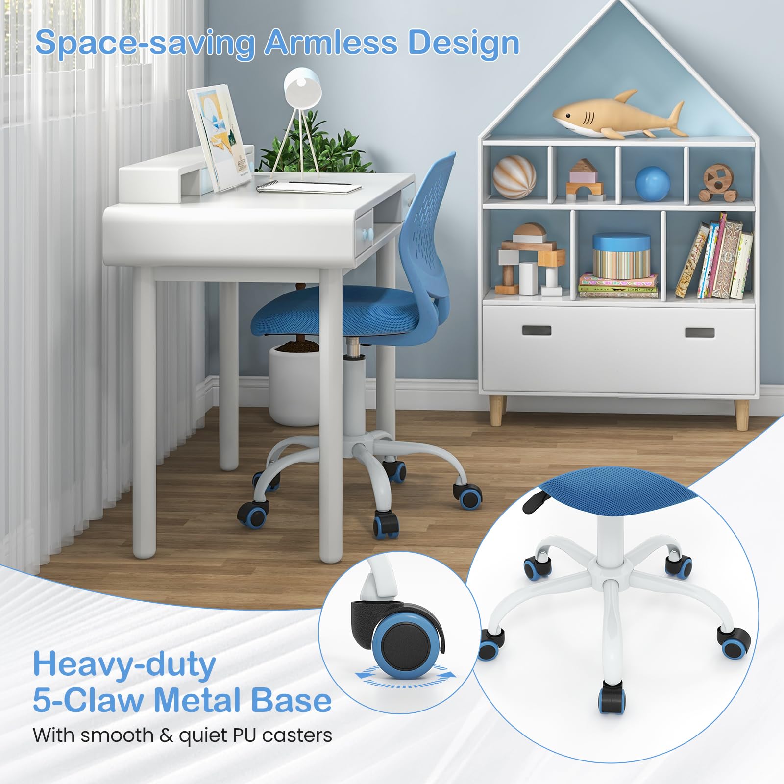 Giantex Adjustable Kids Desk Chair - Ergonomic Study Chair for Children with Height Adjustment, Lumbar Support & Swivel Base - Perfect for Home Schooling, Online Learning & Computer Work (Blue)