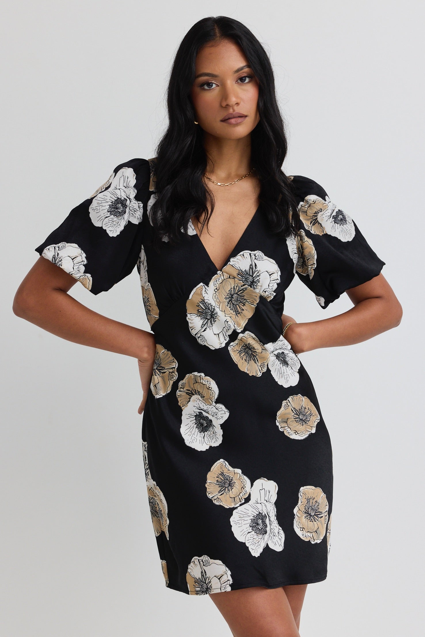 Amour Black Floral Satin Bubble Sleeve Mini Dress - Elegant Party & Cocktail Dress for Women, Perfect for Date Night, Wedding Guest, and Special Occasions