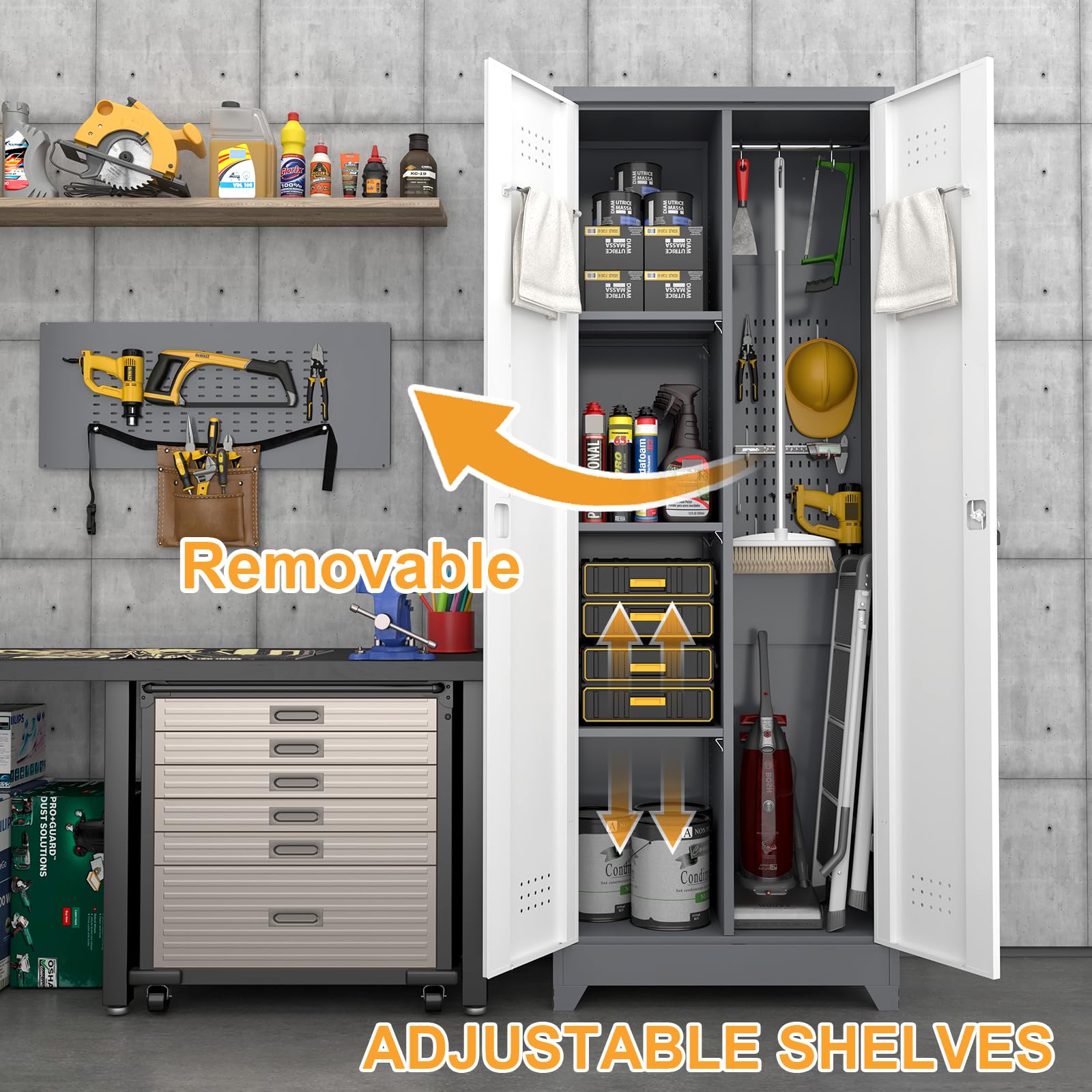 Metal Broom Storage Cabinet with Pegboard - Organize Cleaning Supplies, Brooms & Mops - Heavy Duty Laundry, Garage & Gym Storage Solution - Perfect for Home Organization & Cleaning Tool Storage