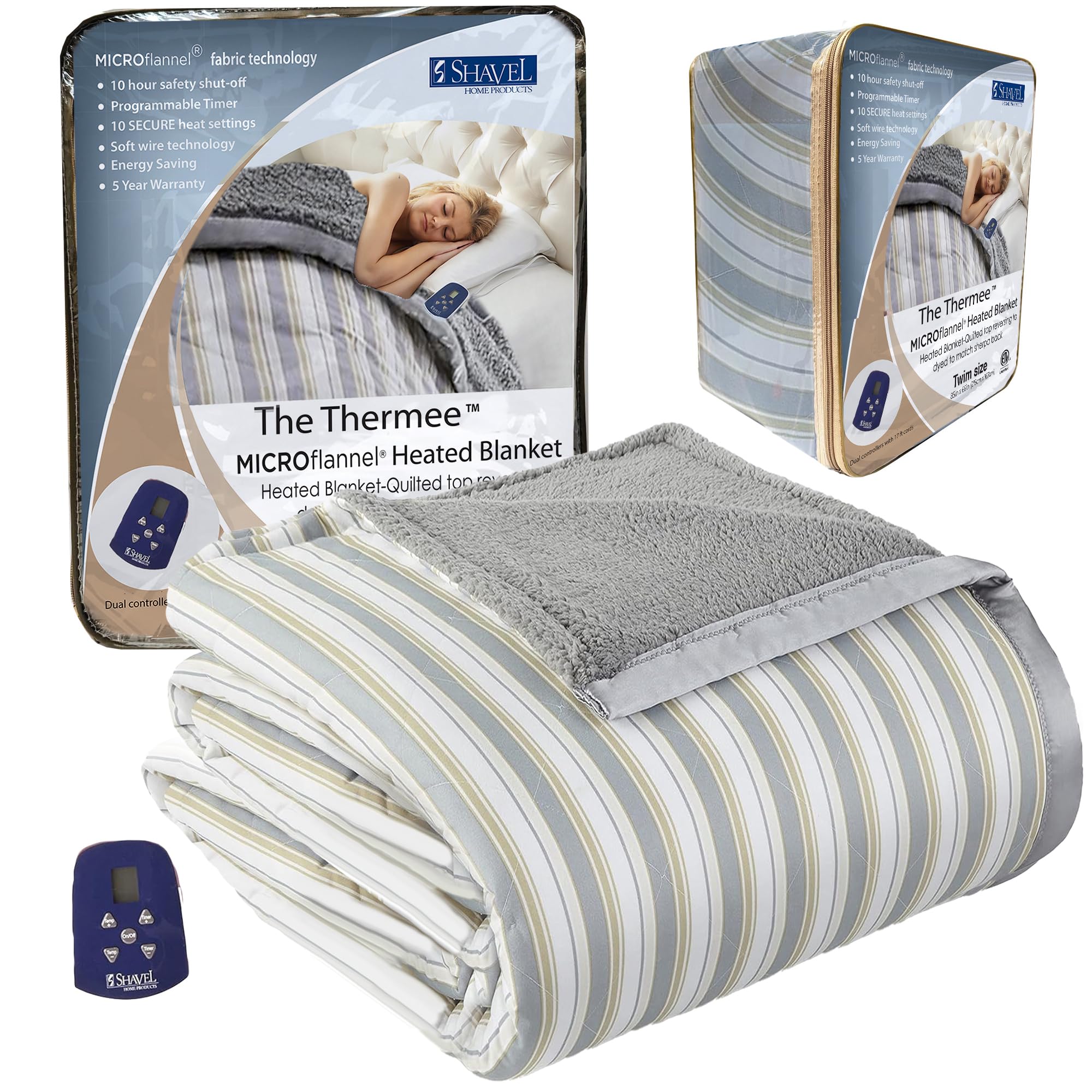 Shavel Micro Flannel Electric Reversible Sherpa Blanket - Twin Size Metro Stripe - Ultra Soft Heated Throw for Winter, Bed, Couch & Office Use
