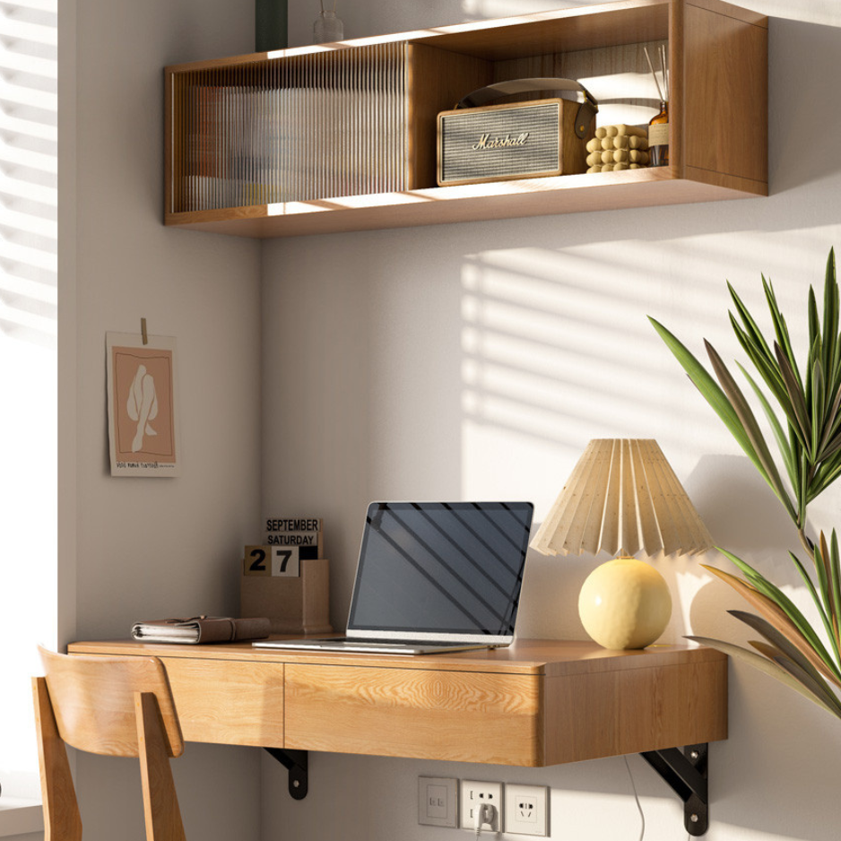Solid Oak Wood Wall Mounted Floating Desk - Home Office, Study, or Workspace Solution for Small Spaces