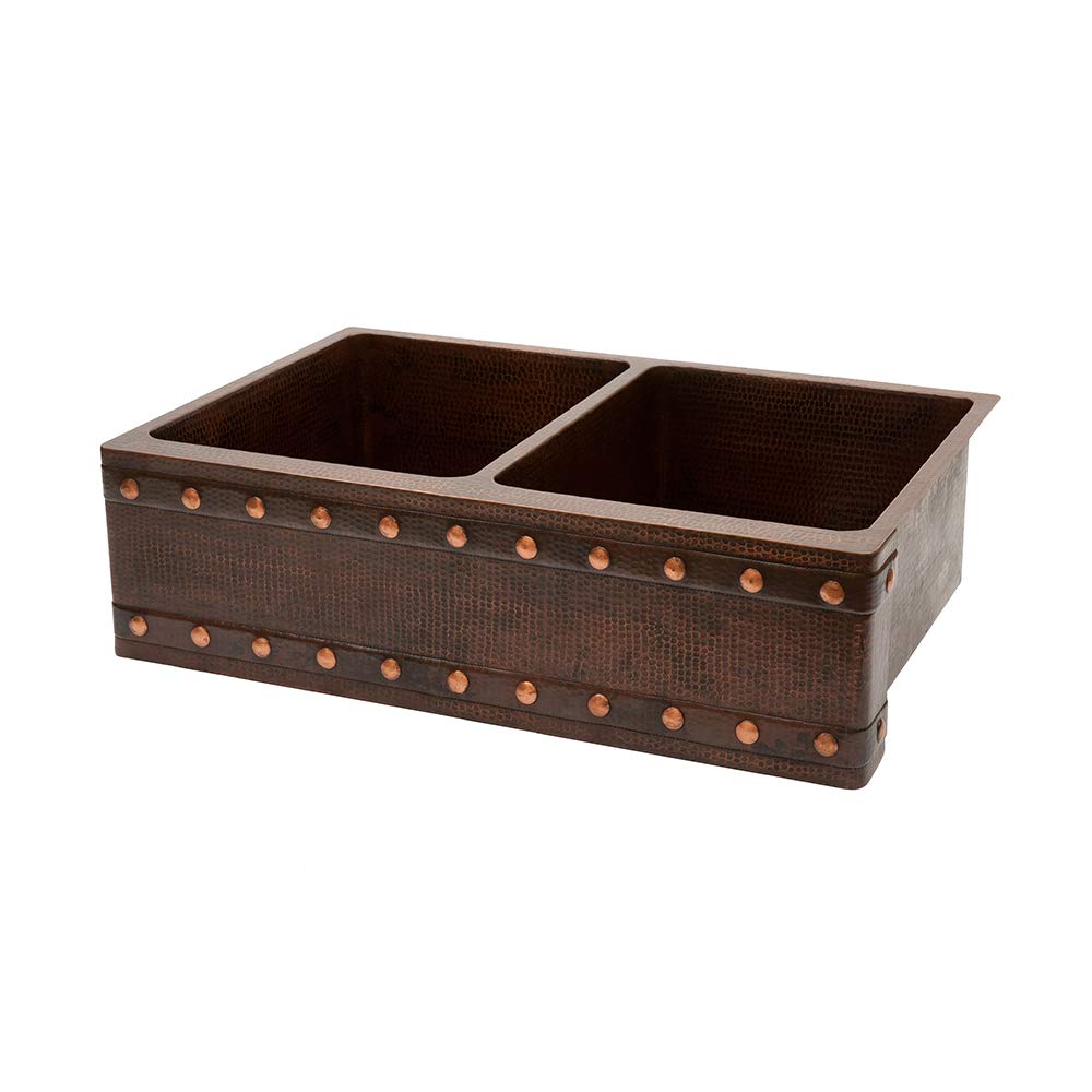 Premier Copper Products KA50DB33229BS 33-Inch Hammered Copper Kitchen Apron Double Basin Sink - Durable & Stylish for Modern Farmhouse & Rustic Kitchen Designs