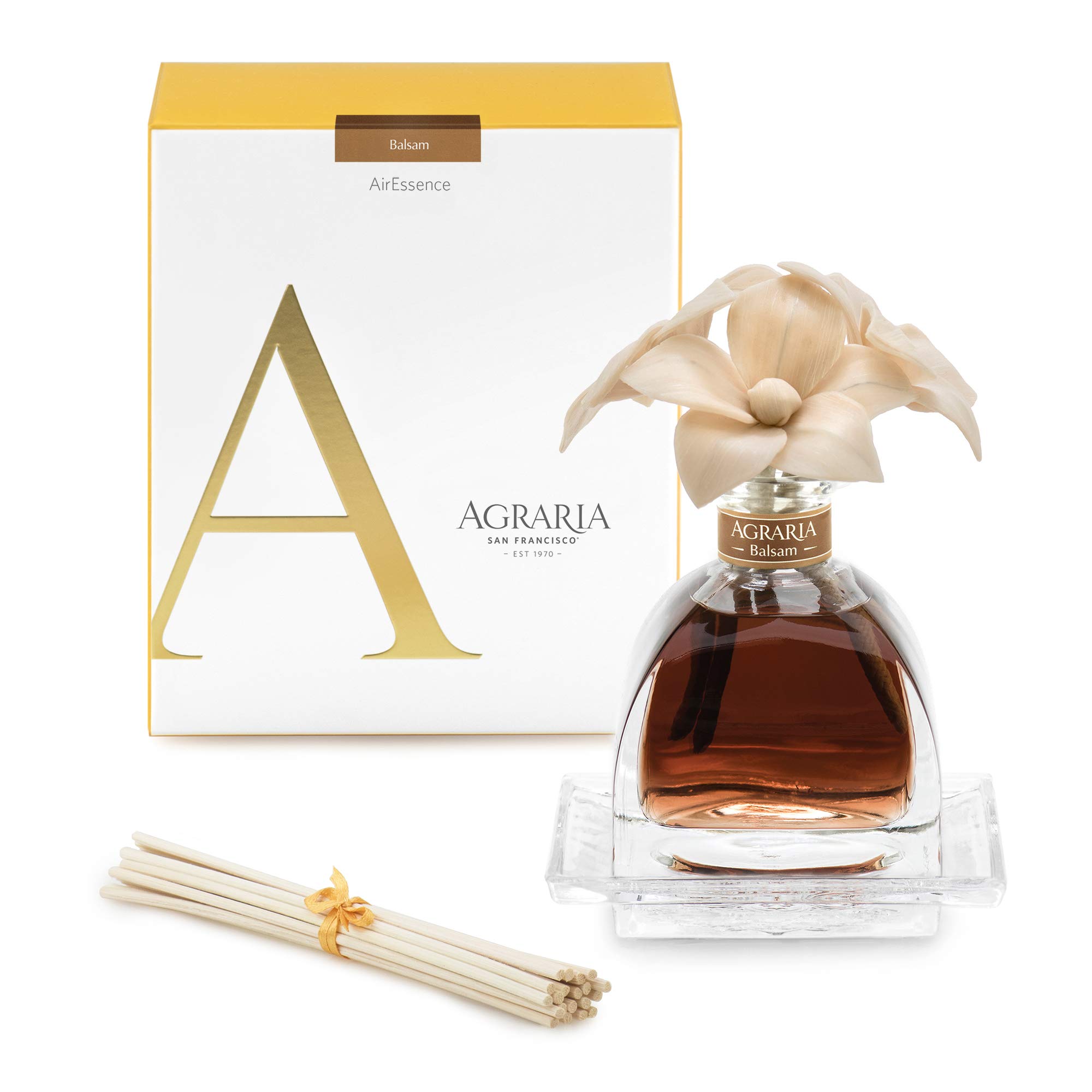 AGRARIA Balsam Scented Air Essence Diffuser - 7.4 oz Reed Diffuser with Natural Rattan Sticks & Decorative Flowers | Perfect for Home, Office, Bedroom & Bathroom Aromatherapy