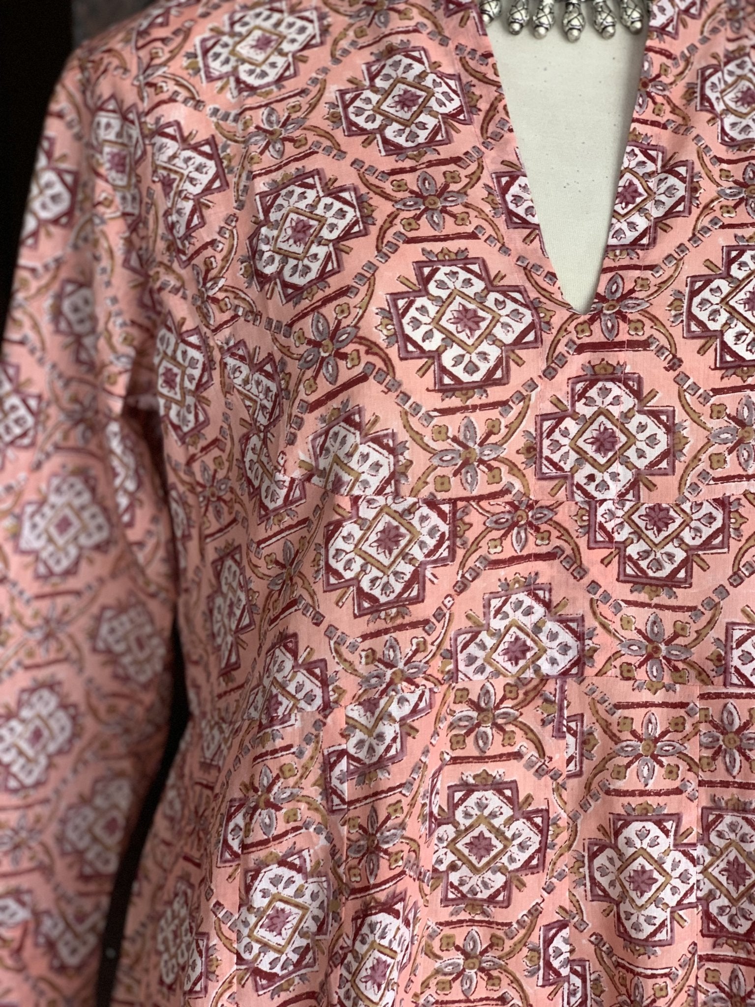 Anarkali Boho Kaftan Dress - Pastel Apricot Geometric Hand Block Print, Boho Tunic Style for Women | Perfect for Beach, Festival, and Summer Vacation Wear