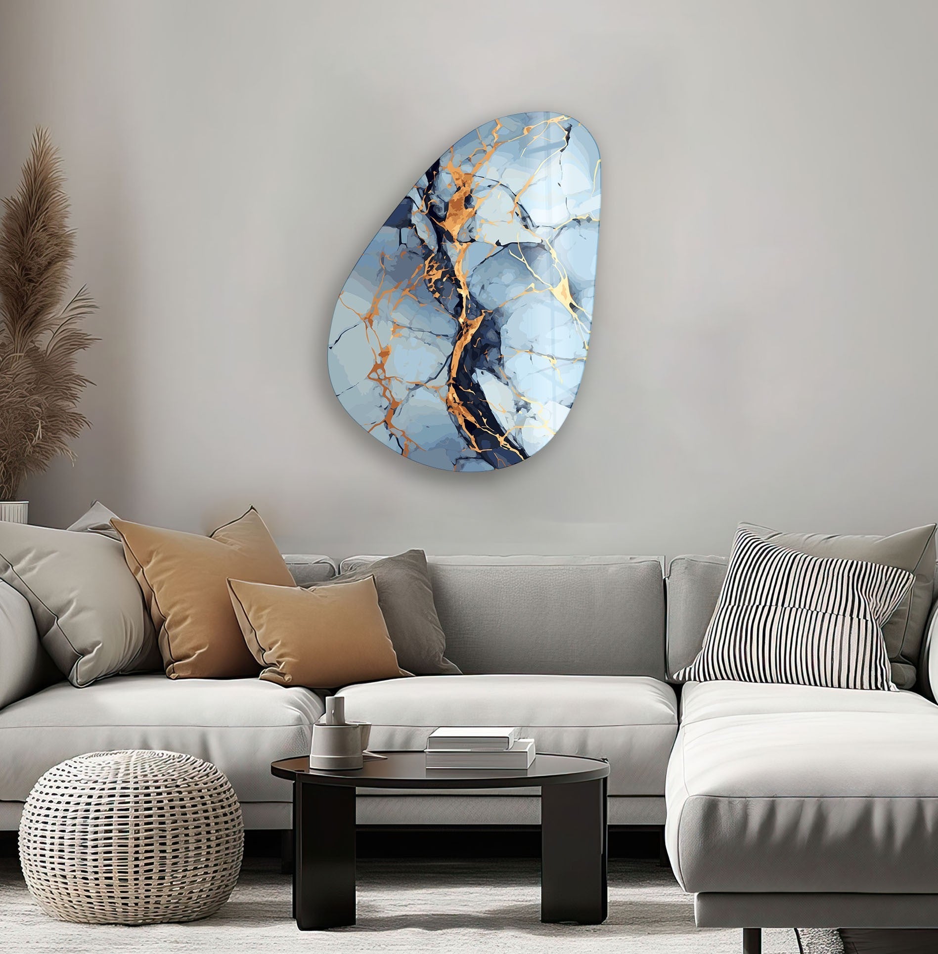Modern Asymmetrical Oval Light Blue Abstract Glass Wall Art - Handmade Contemporary Decor for Living Room, Bedroom & Office