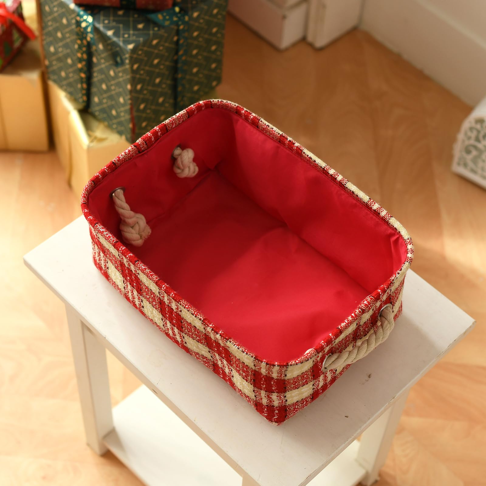 INough Christmas Ornament Storage Box | Holiday Decoration Organizer with Handles | Buffalo Plaid Collapsible Gift Basket for Kids | Farmhouse Style Home Decor | Perfect for Storing Ornaments, Wrapping Gifts & Holiday Organization