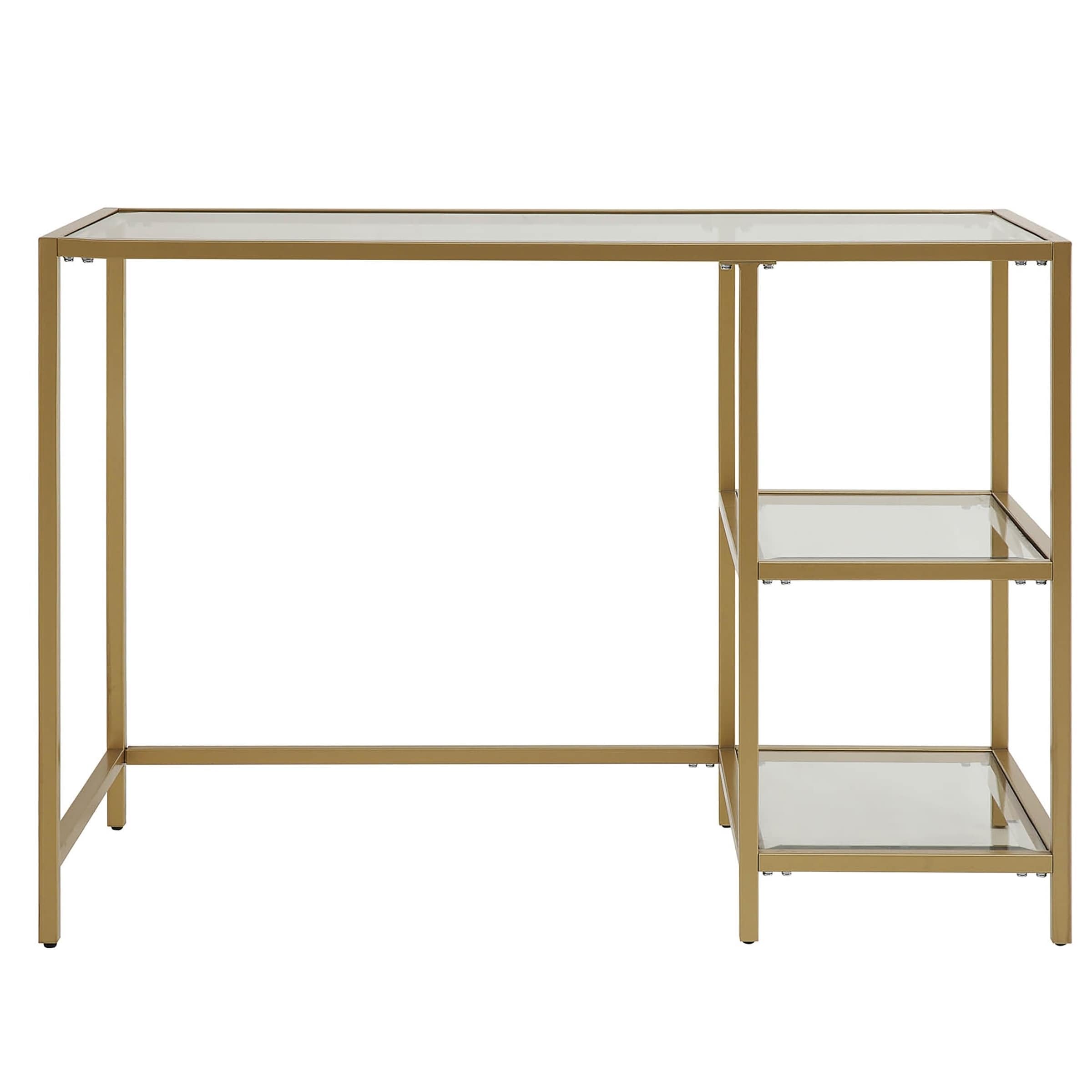 Carolina Cottage Floral Glass Top Desk with Gold Finish and Shelves - Perfect for Home Office, Study Room, or Dorm Decor