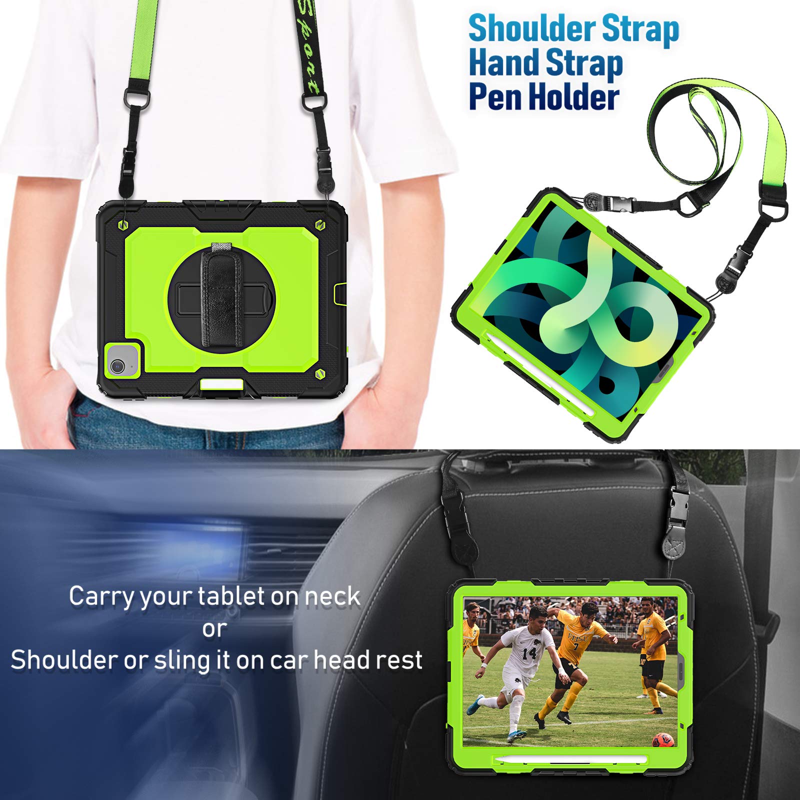 Timecity iPad Air 4/5 Case (10.9 Inch 2020/2022 Model) - Protective Cover with Screen Protector, Swivel Kickstand, Hand Strap & Pencil Holder - Perfect for Work, Travel & School (Green)
