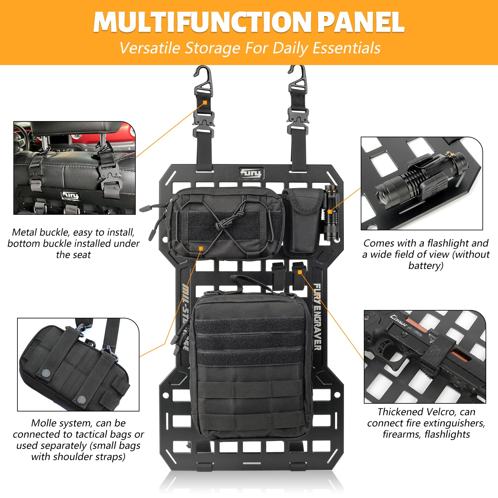 MAIKER Tactical MOLLE Panel with Aluminum Insert - 2 Storage Bags, Multi-Tool & Flashlight Included | Modular Gear Organizer for Outdoor, Camping, Hiking & Military Use