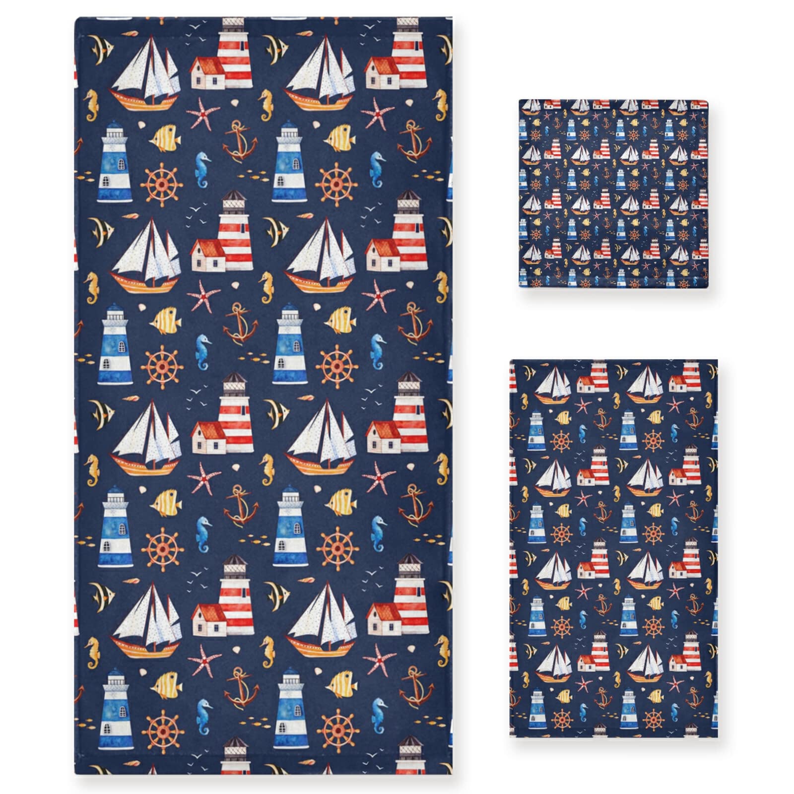 Xigua 3-Piece Bath Towel Set - Soft Absorbent Face & Hand Towels for Bathroom, Gym, Shower - Anchor, Seahorse, Lighthouse Designs - Perfect for Home & Travel Use