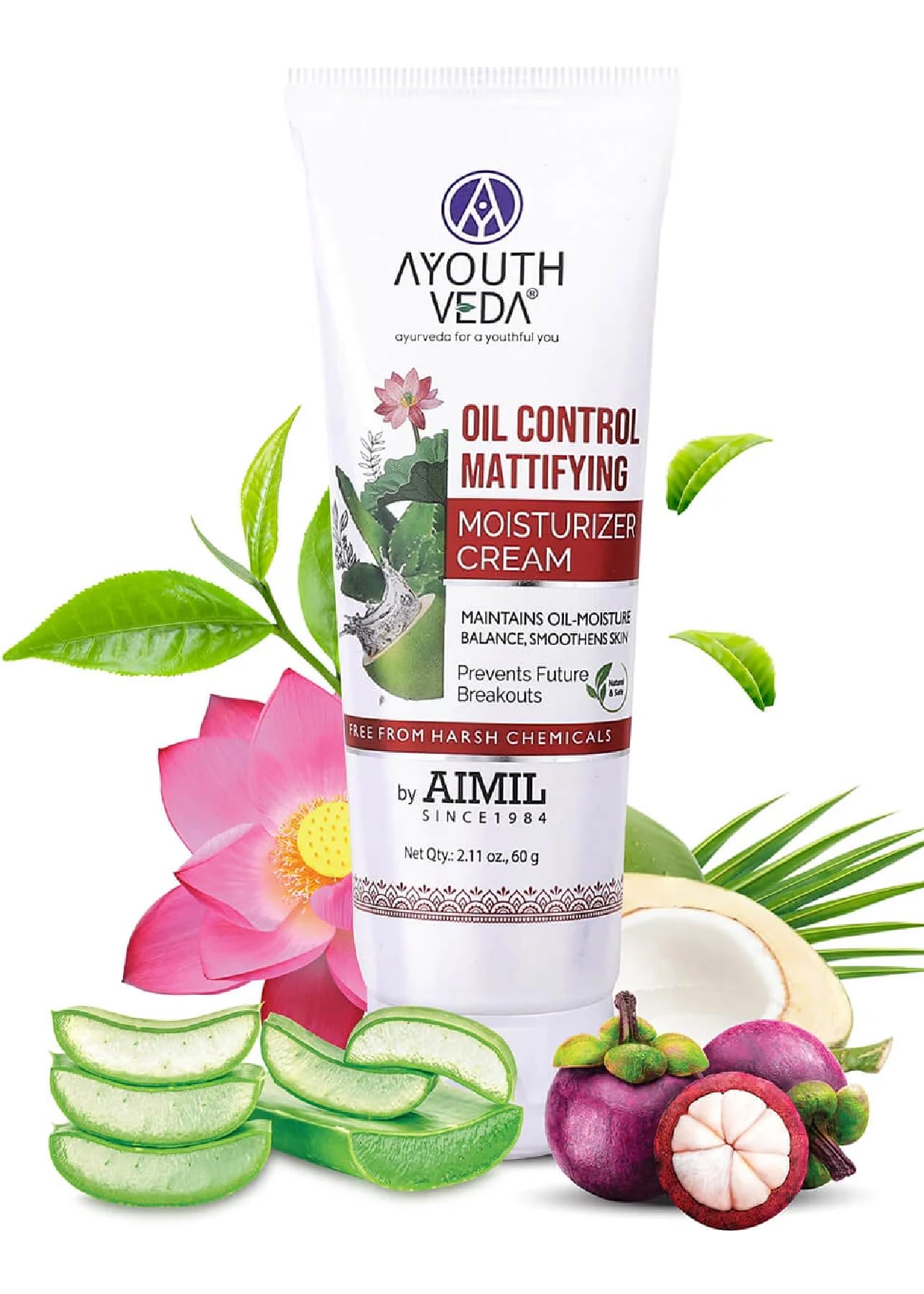 Ayouthveda Oil Control Mattifying Moisturizer Cream for Oily & Acne-Prone Skin - Green Tea, Aloe Vera & Coconut Water Formula to Reduce Redness & Breakouts - Hydrating & Smoothing Face Moisturizer (60g) | Perfect for Daily Skincare Routine & Makeup Prep