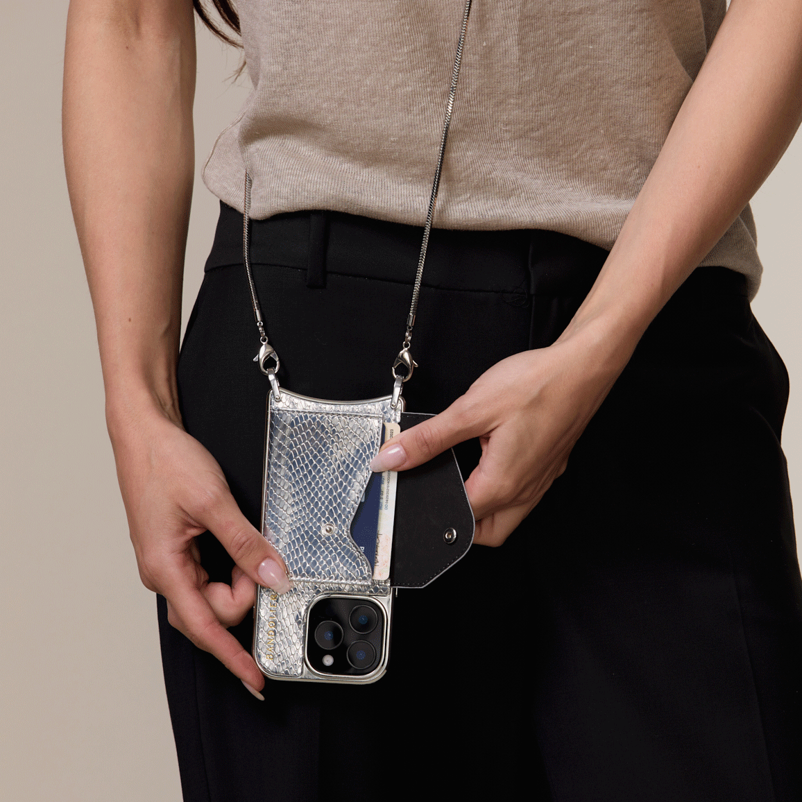 GIA Chrome Crossbody Phone Case - Silver Metallic | Stylish & Secure Hands-Free Carrying for iPhone & Android | Perfect for Travel, Shopping & Outdoor Activities