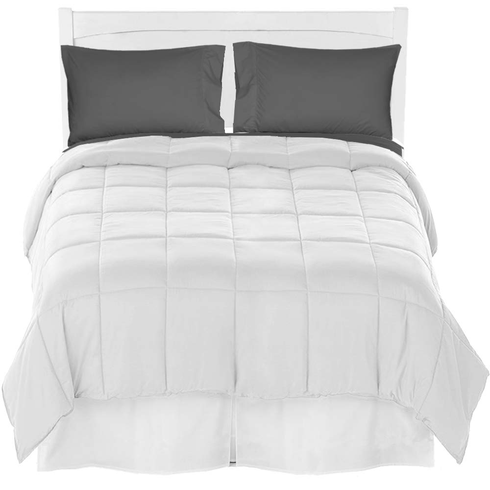 Premium Ultra-Soft Brushed Microfiber King Comforter Set with Sheets & Bed Skirt - White & Grey Bedding Collection for Luxurious Comfort - Perfect for Master Bedrooms, Guest Rooms & Hotel-Style Bedding