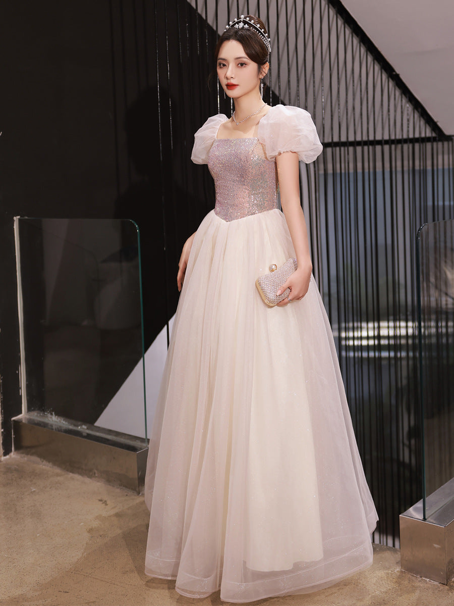 Elegant Champagne A-Line Long Evening Dress with Puff Sleeves - Formal Party Gown for Women | Perfect for Weddings, Galas & Special Occasions