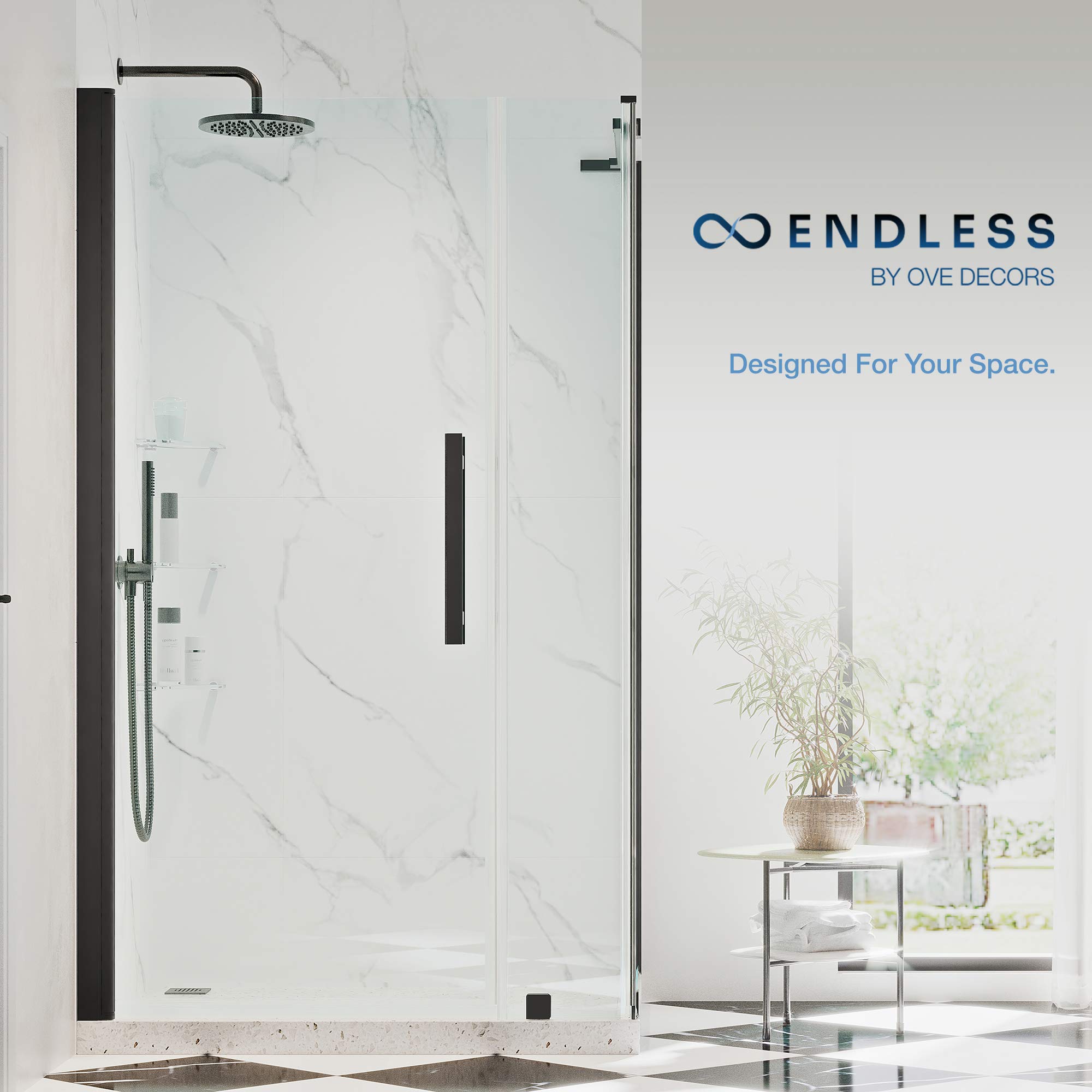 OVE Decors Frameless Pivot Shower Door 38x33 Inches - Oil Rubbed Bronze Corner Shower Enclosure with Built-in Shelves (Model PA0613301) | Perfect for Modern Bathroom Renovations & Space-Saving Design