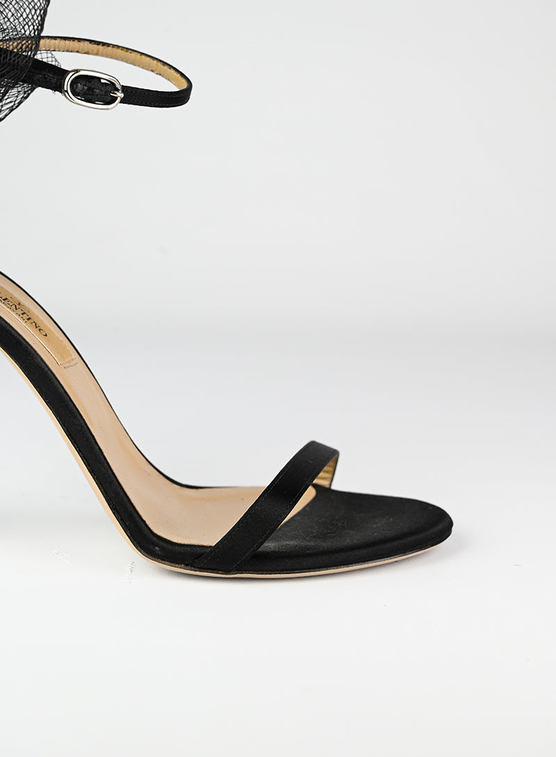 Valentino Black Satin Sandals with Flower Detail - Size 37 | Elegant Women's Dress Sandals for Weddings & Special Occasions