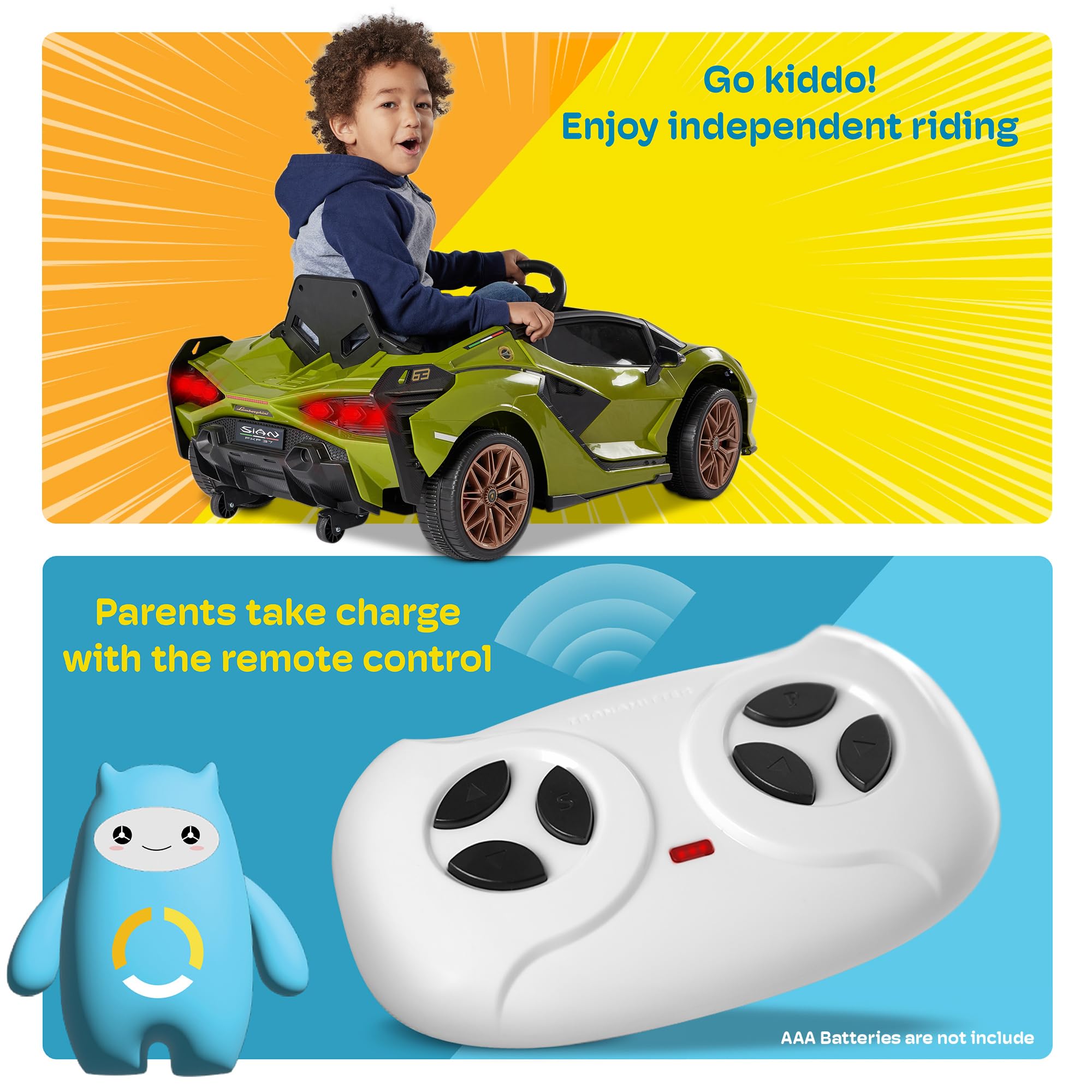Kidzone Kids 12V Electric Ride-On Lamborghini Sian Roadster Toy Car - Remote Control, LED Lights, Music & Suspension Wheels - Carbon Fiber Textured Yellow - Perfect for Birthday Gifts & Outdoor Play