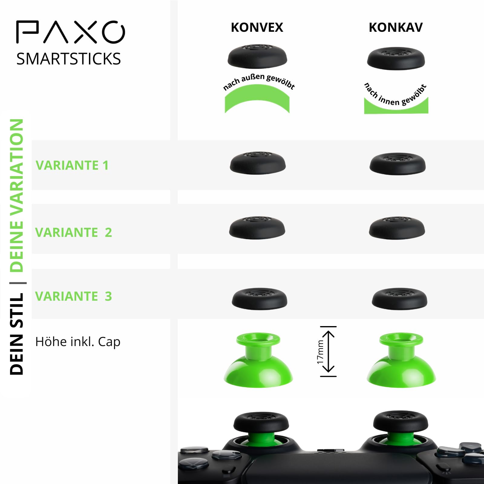 PAXO ® SmartSticks - Professional PS5 Controller Joysticks | Flexible, Ergonomic & Stylish Design | Secure Grip, Patented Quick-Change System, Analog Thumbsticks | Green PS5 Accessories for Enhanced Gaming Performance - Perfect for FPS, Racing & Action Games