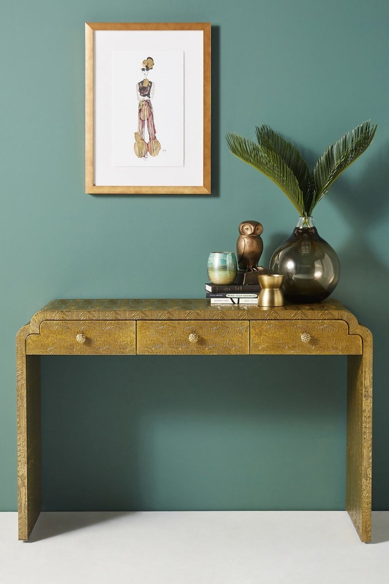 Antique Metal Hand Embossed Lotus Console Table - Elegant Entryway Furniture for Hallway, Living Room & Foyer Decor