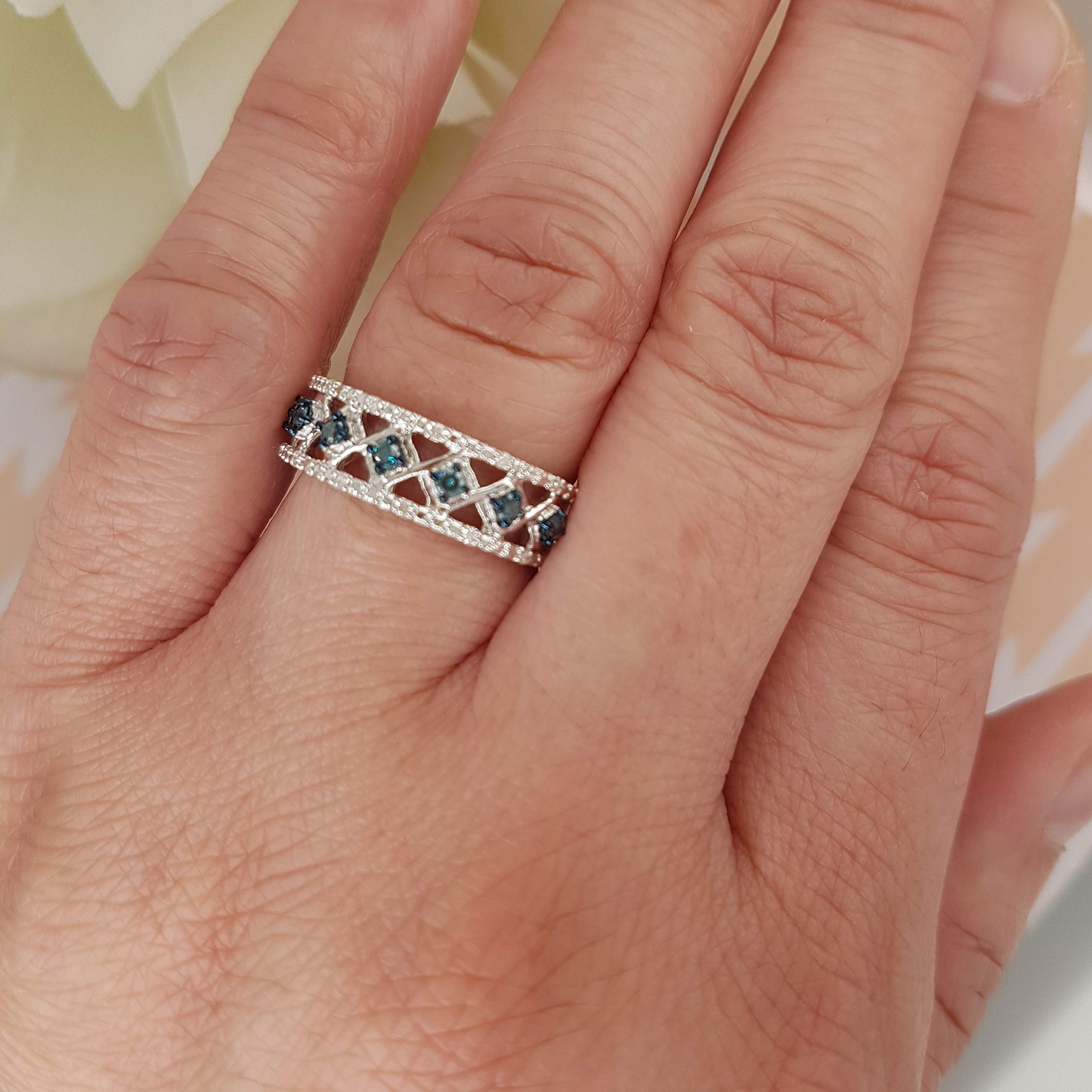 0.30 CTW Round Blue & White Diamond Anniversary Ring - Sterling Silver Wedding Band for Women | Dazzlingrock Collection | Perfect for Engagement, Proposal & Special Occasions