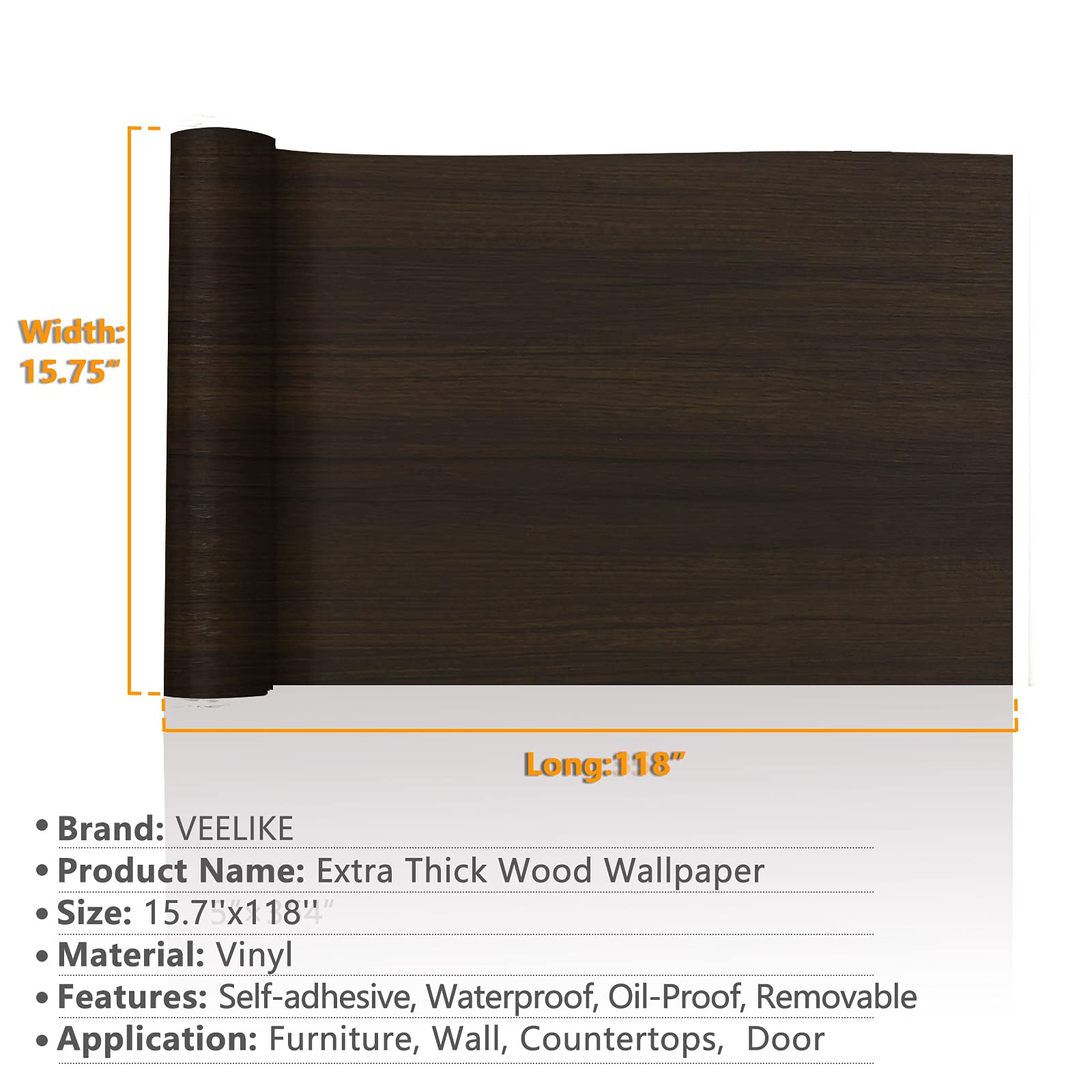 VEELIKE 15.7''x118'' Dark Wood Peel and Stick Wallpaper - Removable Waterproof Wood Grain Contact Paper, Self-Adhesive Vinyl Wrap for Cabinets, Countertops, Furniture, Shelves & Drawer Liners - Perfect for Home Renovation & DIY Decor Projects