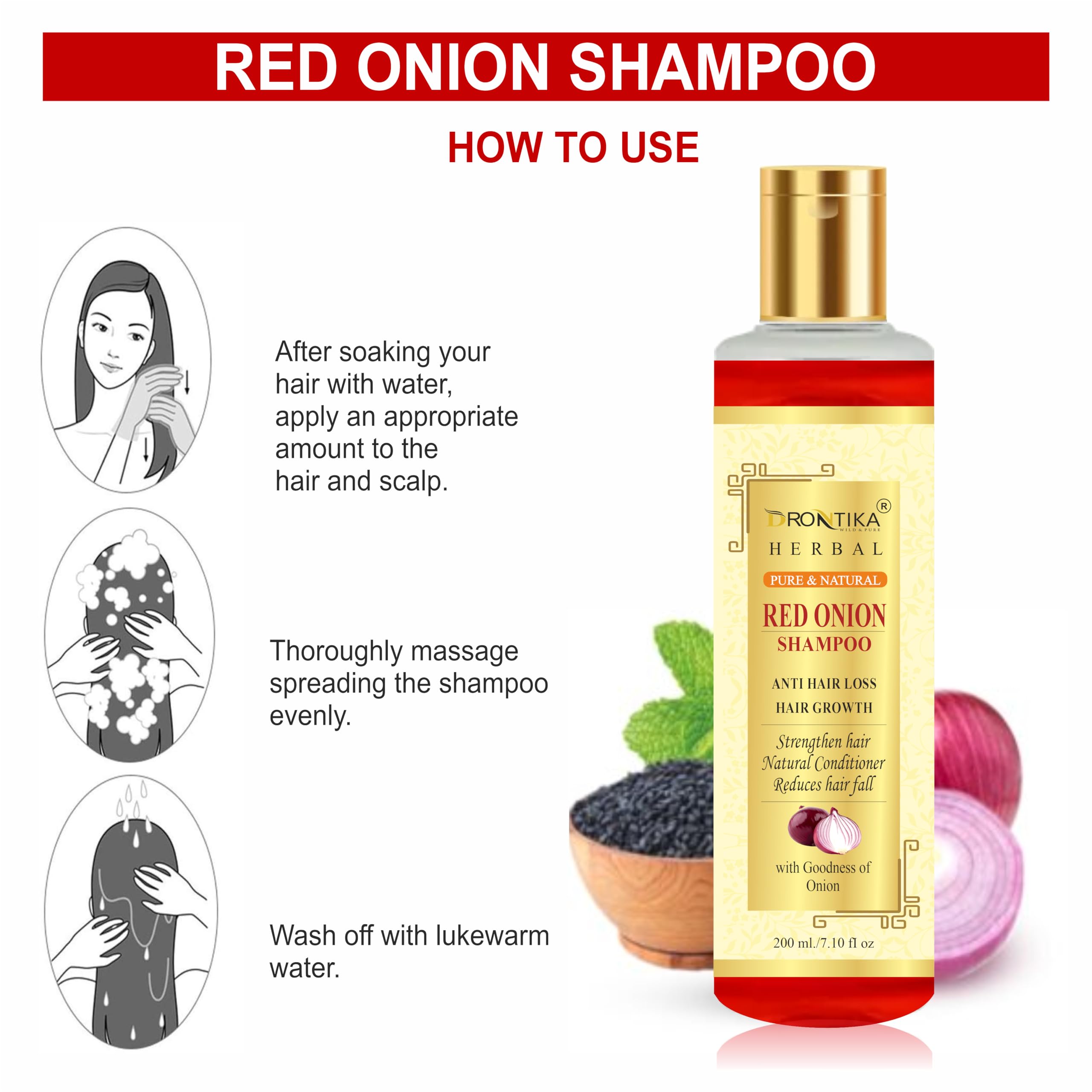Drontika Natural Herbal Red Onion Oil & Shampoo Combo for Hair Growth - 2 in 1 Set for Thicker, Stronger Hair - Perfect for Damaged Hair Treatment & Scalp Care at Home