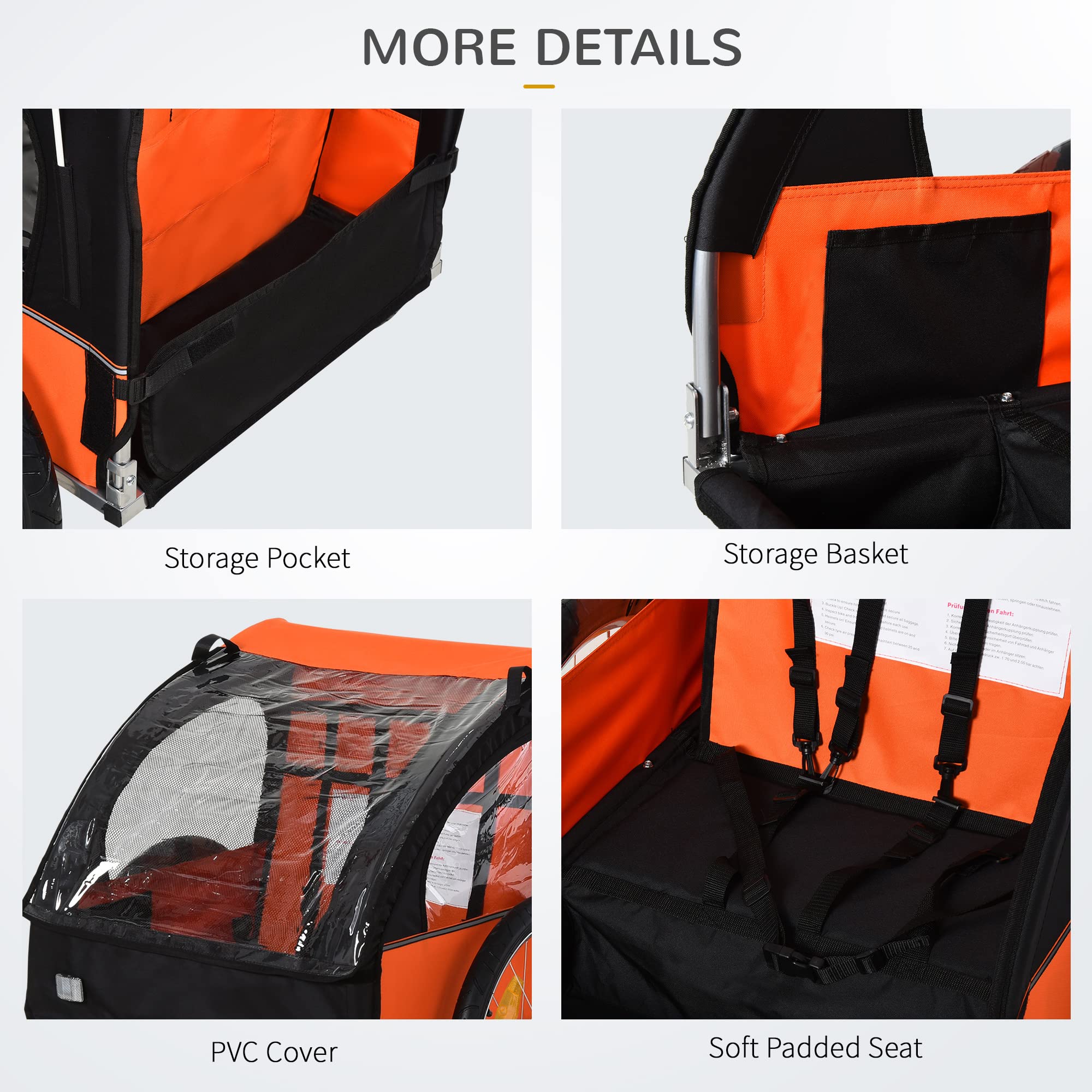 Aosom Heavy Duty Double Bike Trailer for Kids & Toddlers - Steel Frame Bicycle Cargo Carrier with 5-Point Safety Harness, Weatherproof Cover, Reflective Stripes & Safety Flag - Perfect for Family Cycling, Grocery Trips & Outdoor Adventures