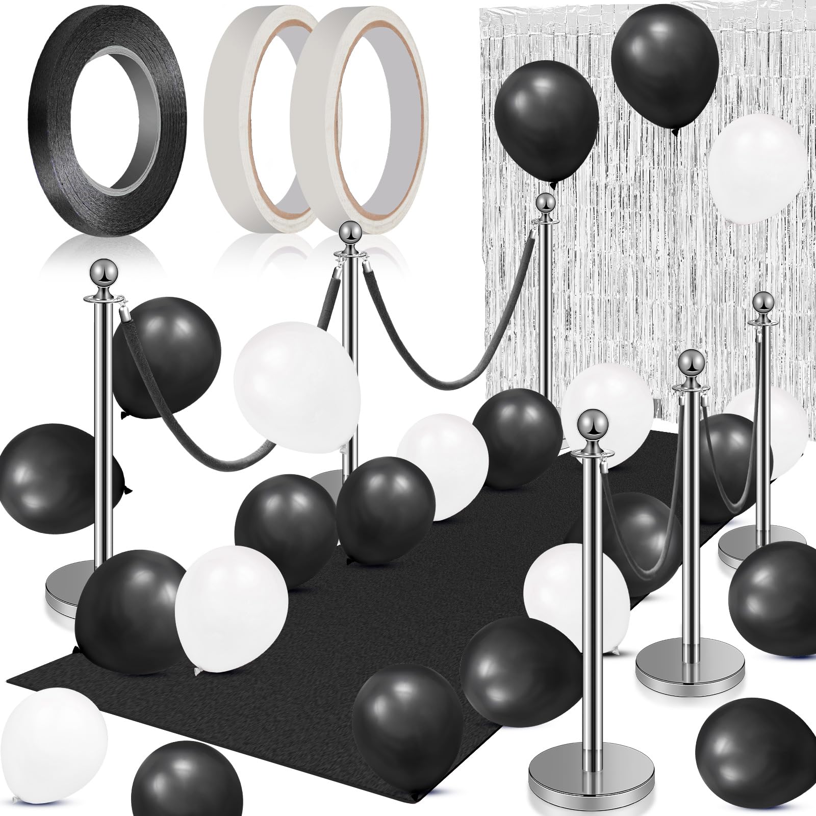 76-Piece Premium Party Carpet Runner Set - Includes 1 Floor Runner, 2 Double-Sided Tapes, 6 Stanchion Posts, 4 Velvet Ropes, 2 Foil Fringe Backdrop Curtains, 60 Balloons & 1 Ribbon - Perfect for Weddings, Red Carpet Events & Birthday Parties (Black)