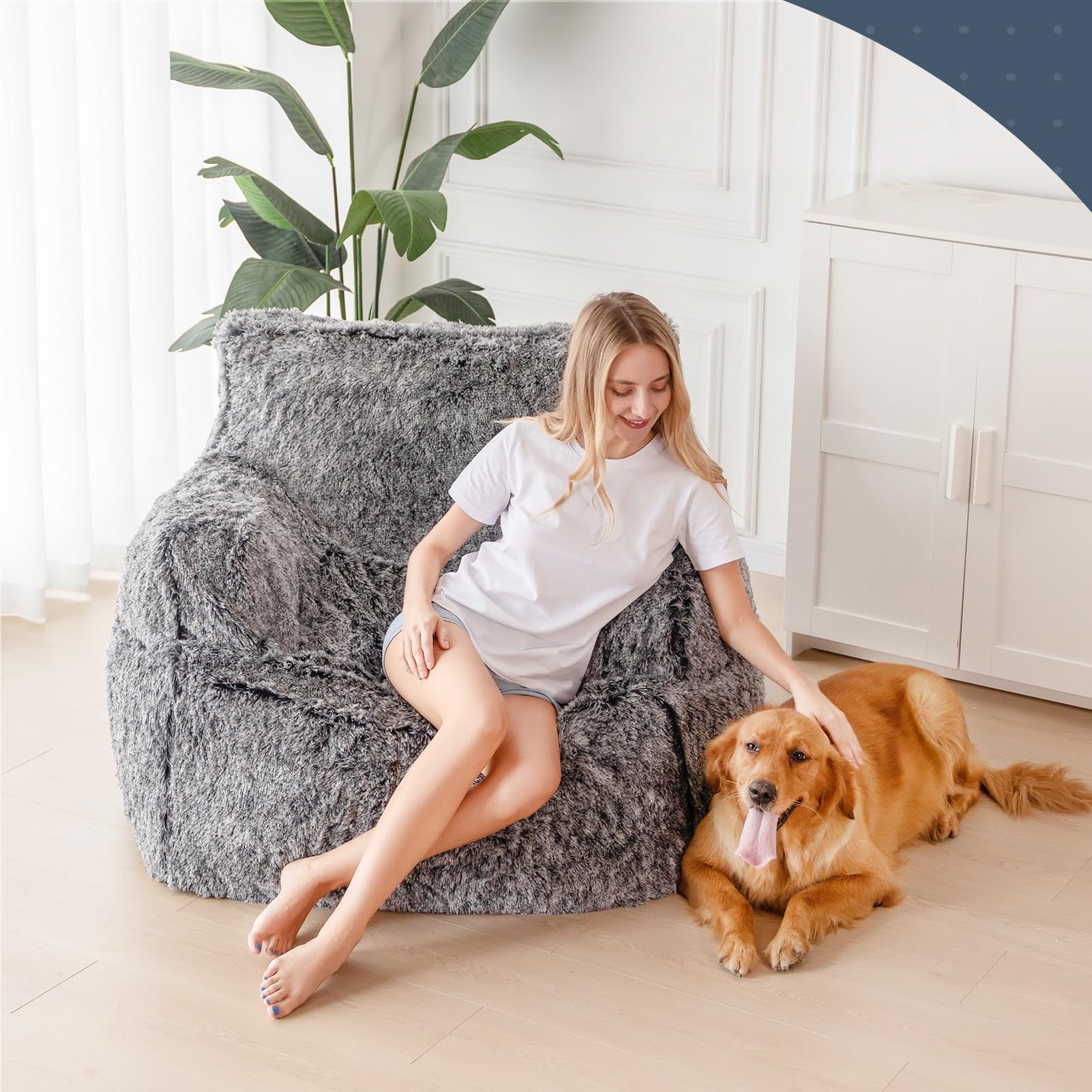 MAXYOYO Giant Bean Bag Chair - Ultra Soft Faux Fur Oversized Bean Bag Couch for Adults & Teens - Black - Perfect for Living Room, Bedroom, Dorm or Game Room Relaxation