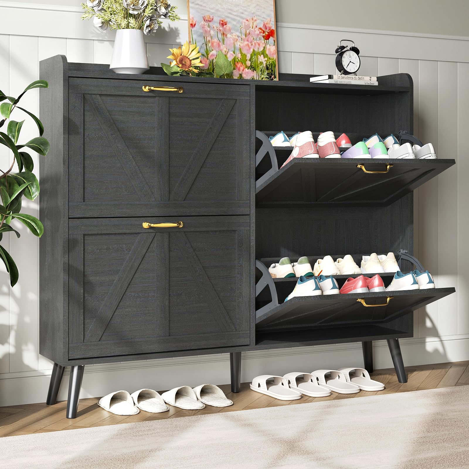 4-Tier Flip-Drawer Shoe Storage Cabinet - Slim Space-Saving Entryway Shoe Organizer for Hallway & Closet | Black Narrow Shoe Rack for Small Spaces | Perfect for Apartments, Dorms & Mudrooms