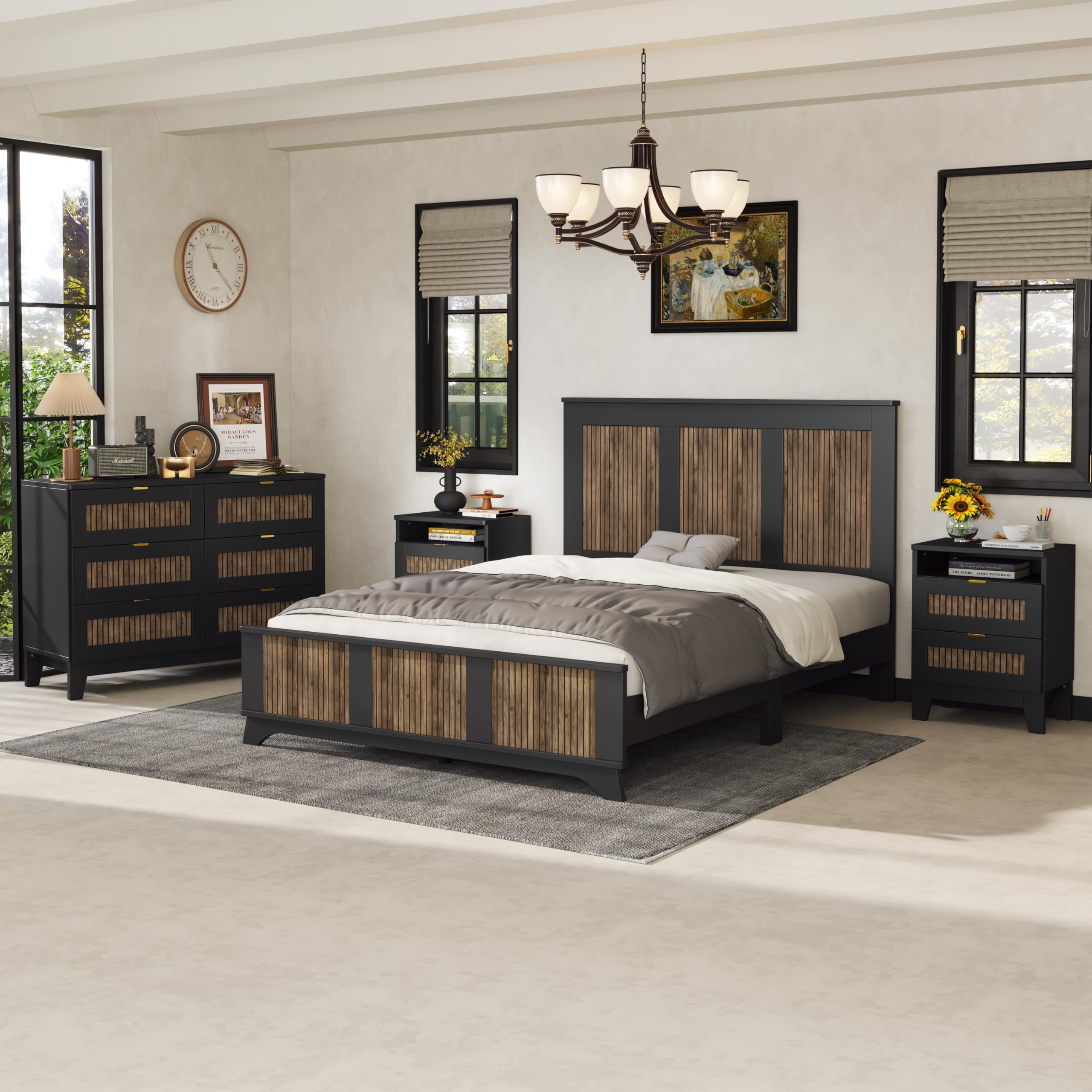 Farmhouse Queen Size Bedroom Set - 4-Piece Platform Bed with Wooden Strip Design, 2 Storage Nightstands & Dresser with Metal Handles, Black - Perfect for Rustic, Modern Farmhouse, or Industrial Style Bedrooms