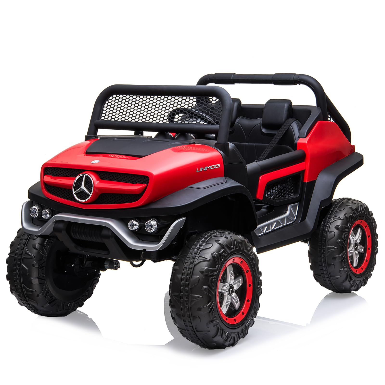 GARVEE 24V Kids Ride On Truck - 2 Seater Licensed Mercedes Benz Electric Toy Car with Remote Control, LED Lights & Music | Battery Display, Spring Suspension, Trunk | Perfect for Toddlers Outdoor Play & Birthday Gifts (Red)