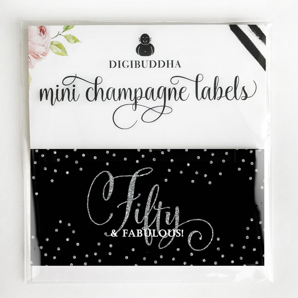 50th Birthday Gift Ideas for Women - Set of 20 'Fifty & Fabulous' Mini Champagne & Wine Bottle Labels - Perfect for Mom, Wife, Sister, Friend or Coworker - Great for Birthday Parties, Celebrations & Decorations